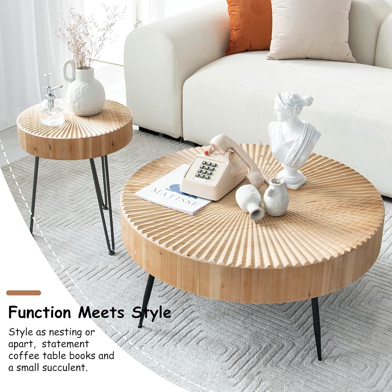 Farmhouse Round Coffee Table Set of 2, Modern Nesting Table w/Natural Wood Finish, Boho Circle Center Table for Living Room Tiny Home (Radial Pattern)