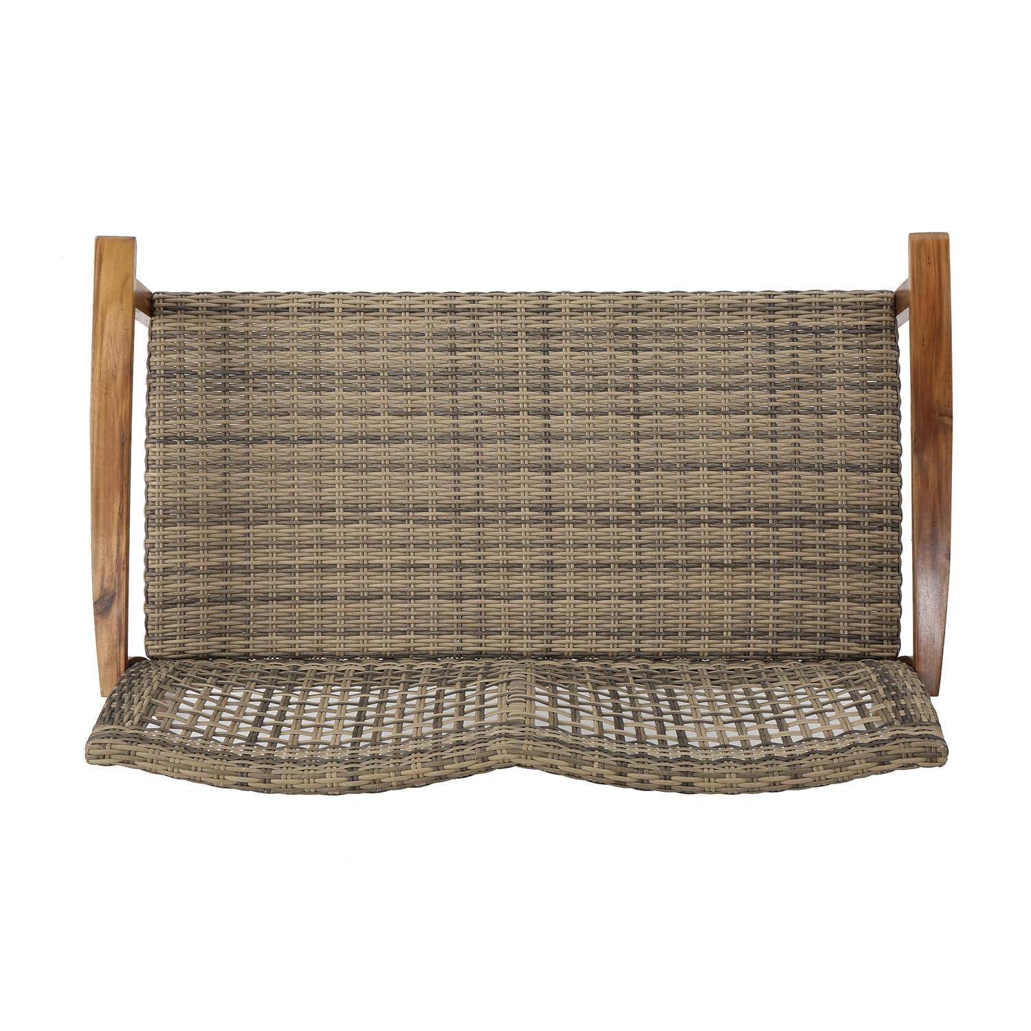 GDFStudio Jean Outdoor Acacia Wood and Wicker Loveseat, Brown