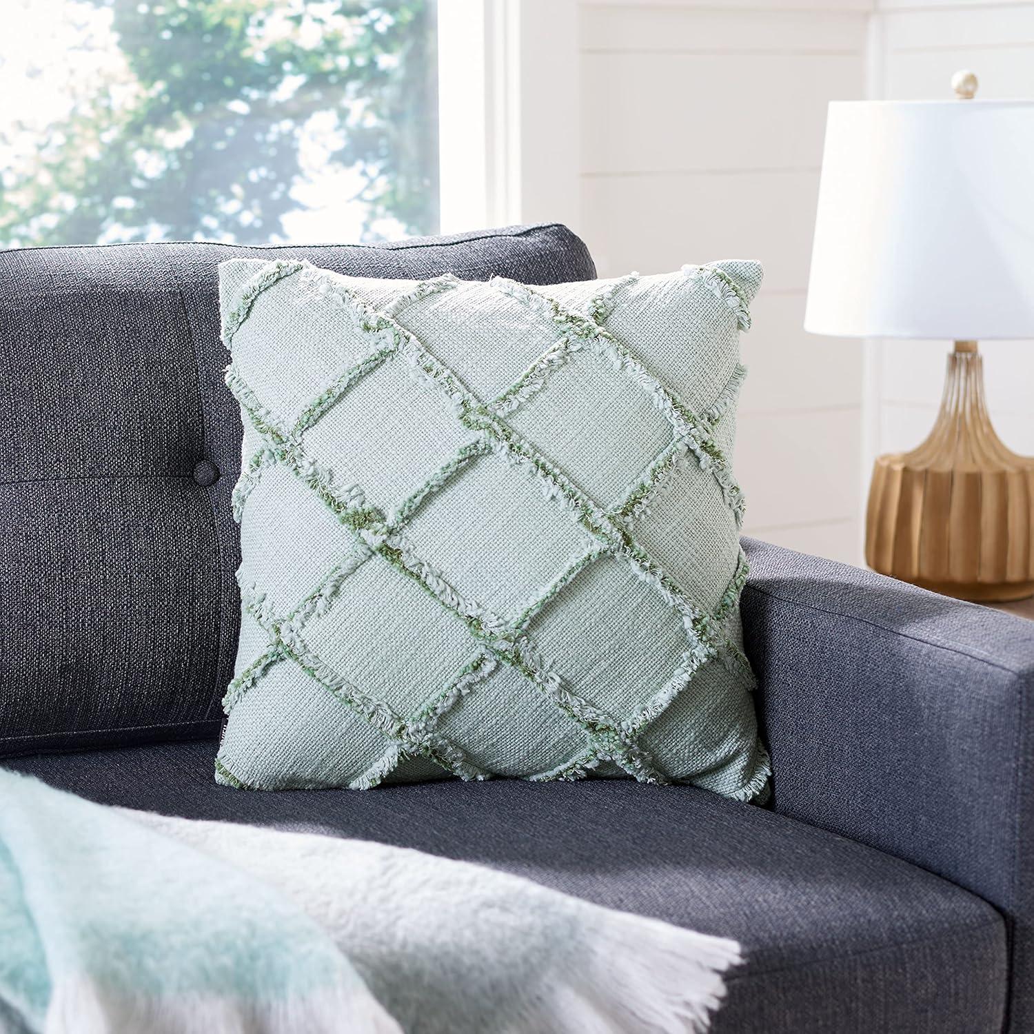 Ashlin Sage Green Fringed Cotton Square Pillow