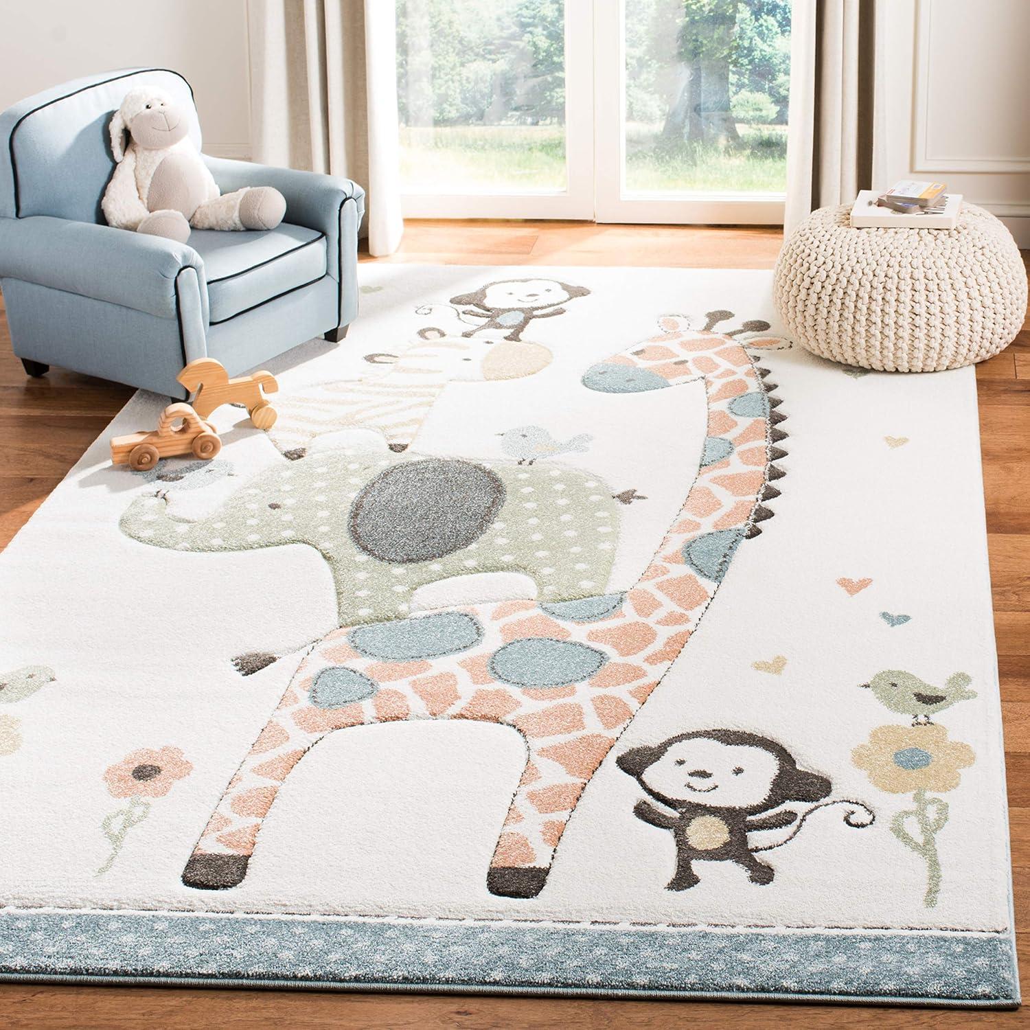 Ivory Non-slip Synthetic Kids' Square Rug, 59"