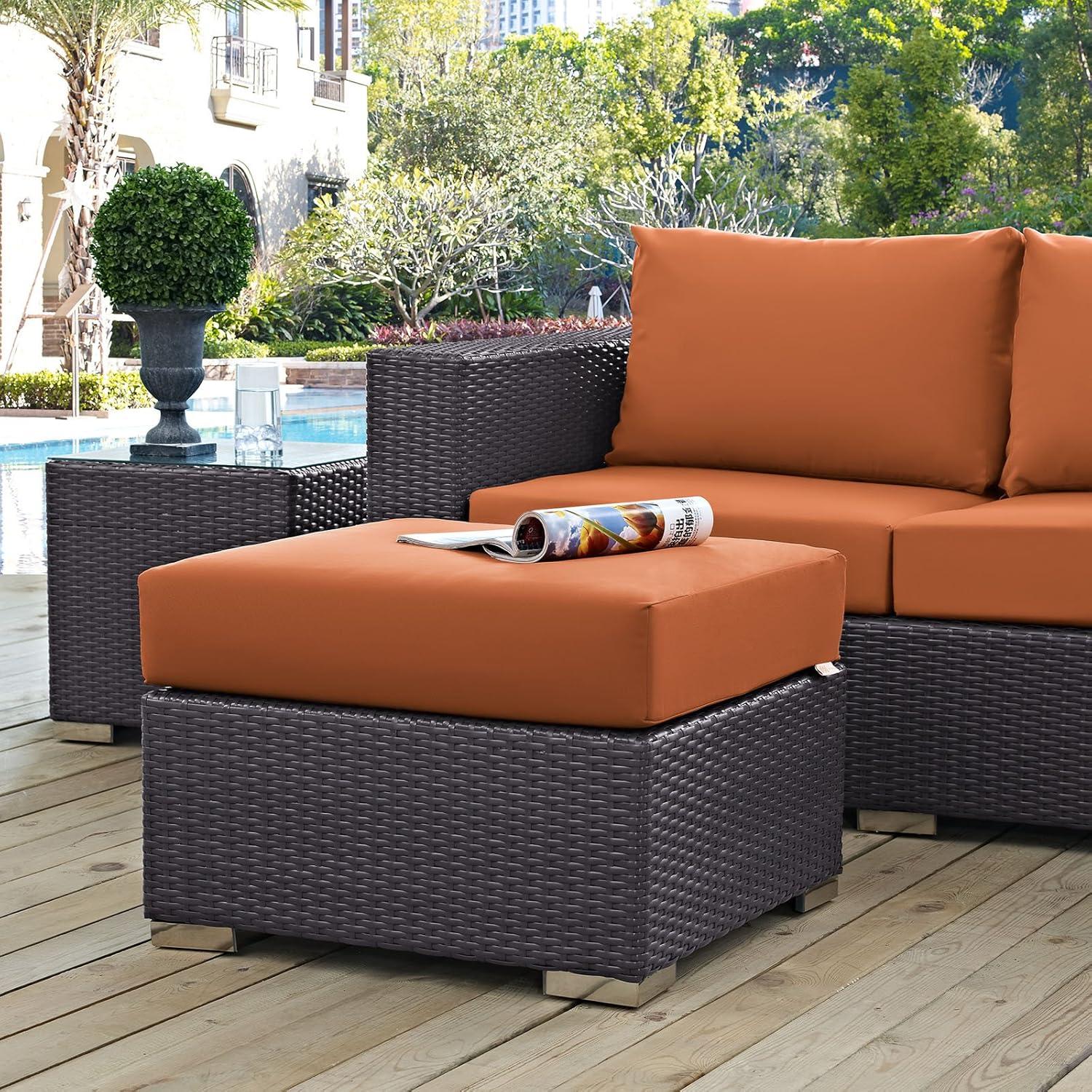 Modway Convene Square Fabric and Rattan Patio Ottoman in Espresso/Orange