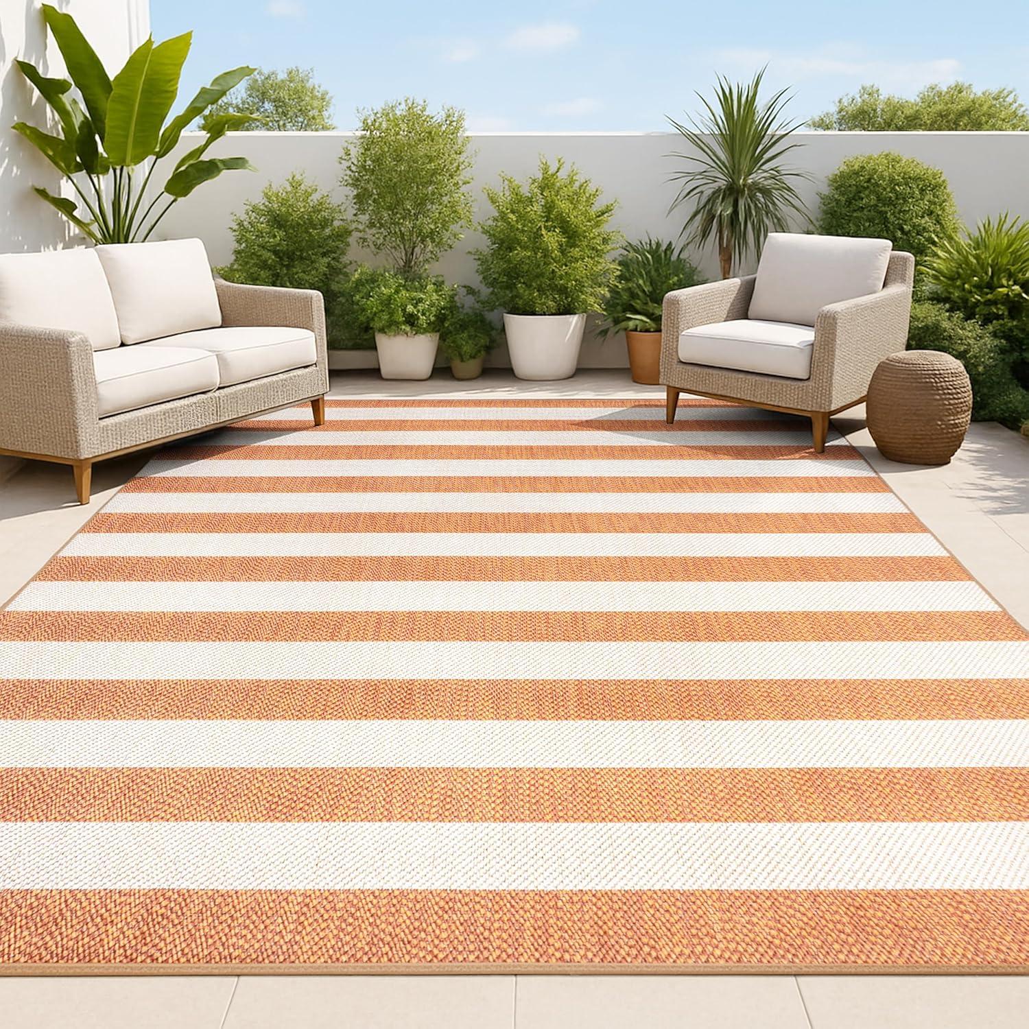 5' x 8' Negril Two-Tone Wide Stripe Indoor/Outdoor Area Rug, Orange/Beige - JONATHAN Y