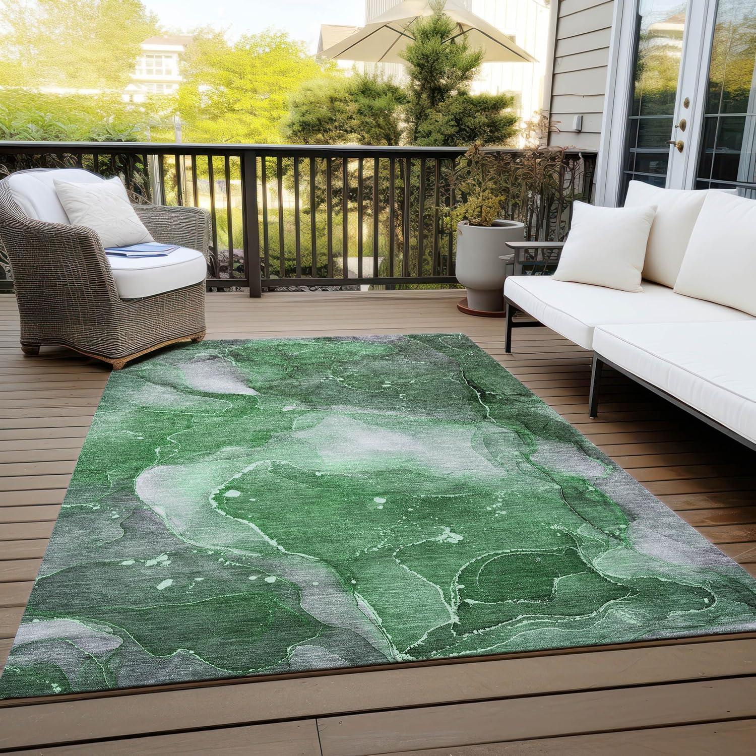 Emerald Green Abstract Watercolor Washable Synthetic Area Rug 3' x 5'