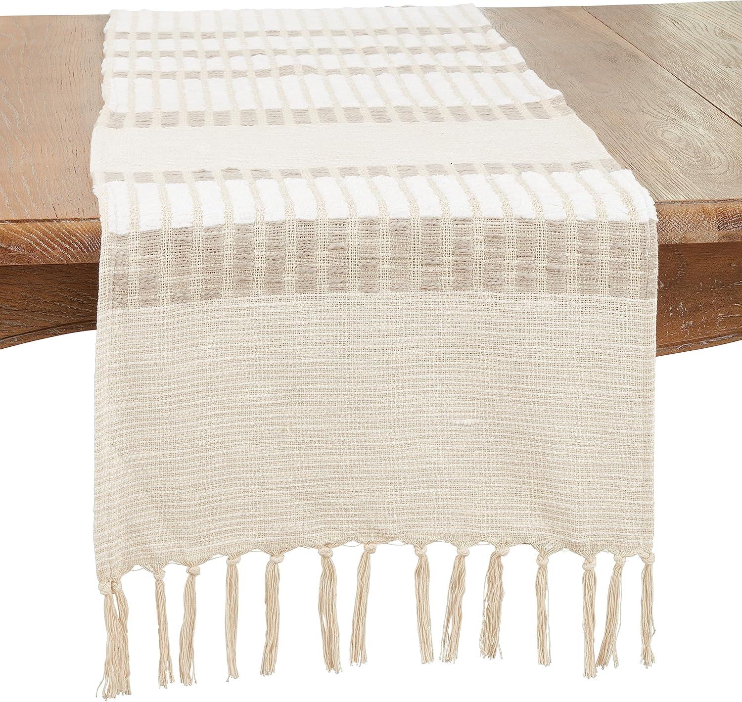 Beige and White Cotton Woven Striped Table Runner