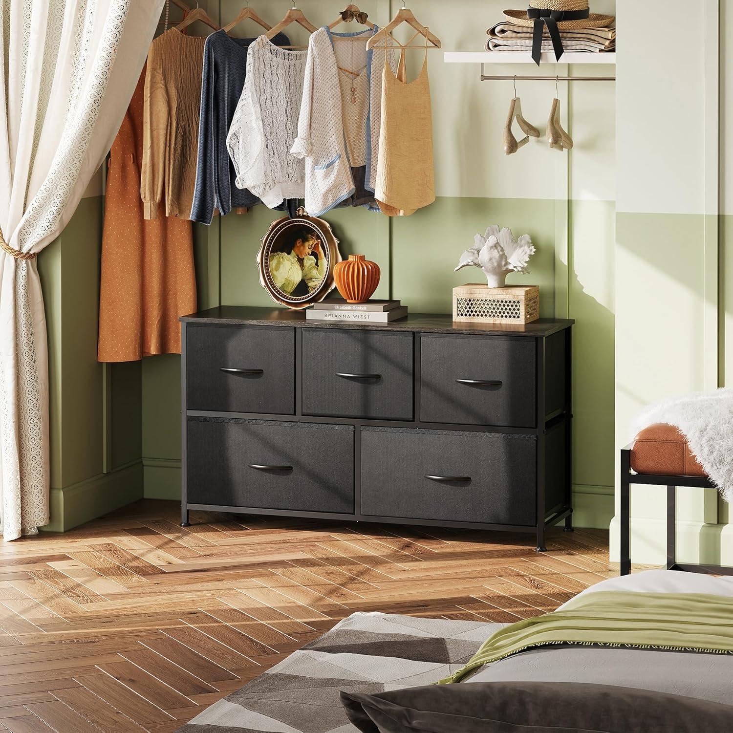 Black and Grey 5-Drawer Fabric Dresser with Metal Frame