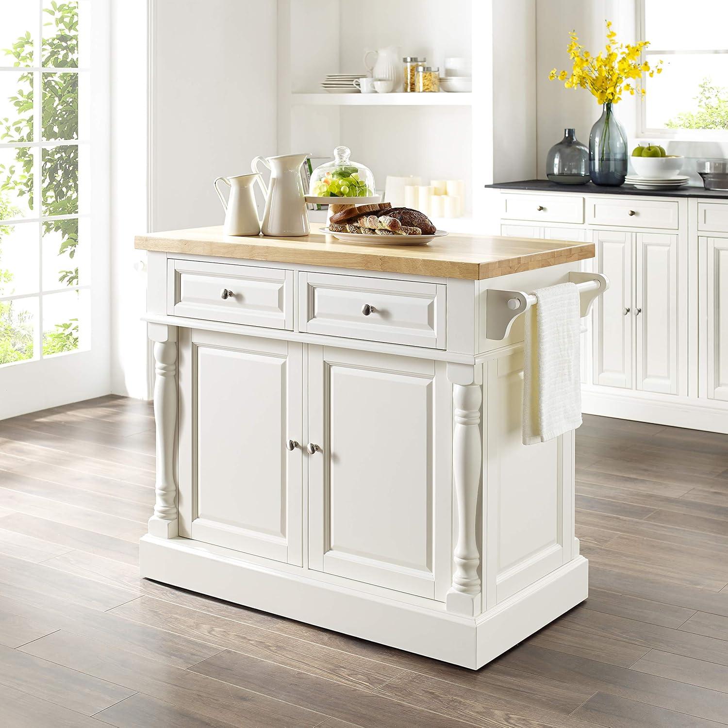 Elegant White Butcher Block Top Kitchen Island with Storage