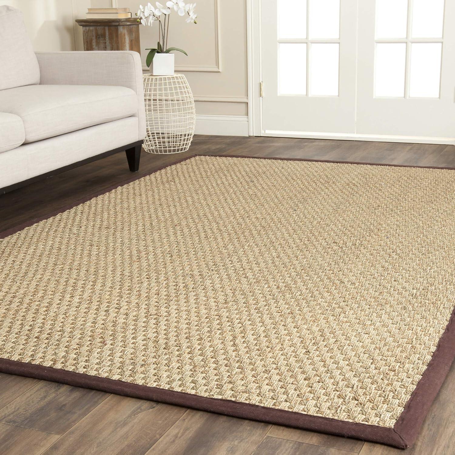 Natural and Light Blue Cotton Border Area Rug, 6' x 9'