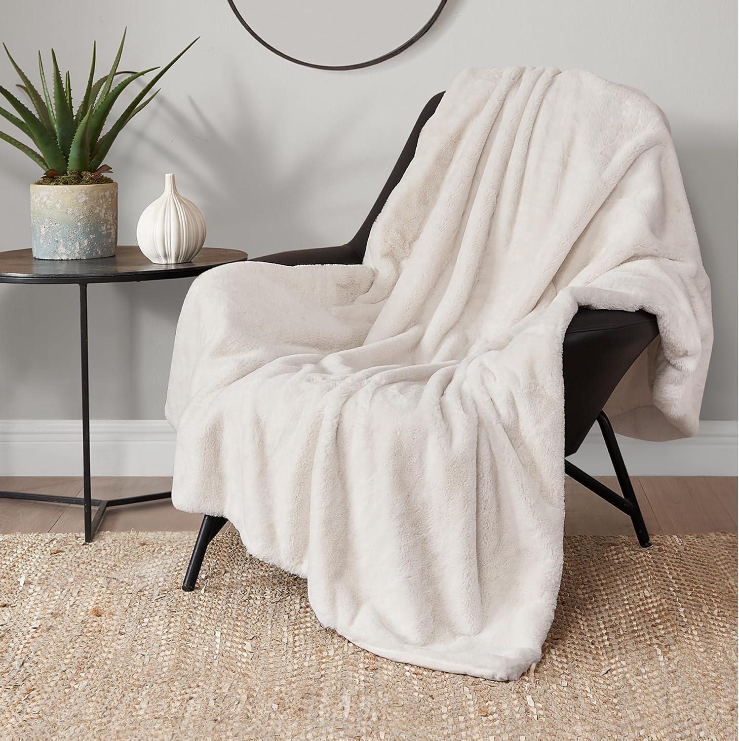 Lucky Brand Solid Rabbit Mink Faux Fur Throw Blanket, Plush Faux Fur Blanket for Sofa or Bed, 50"x70", White Ivory