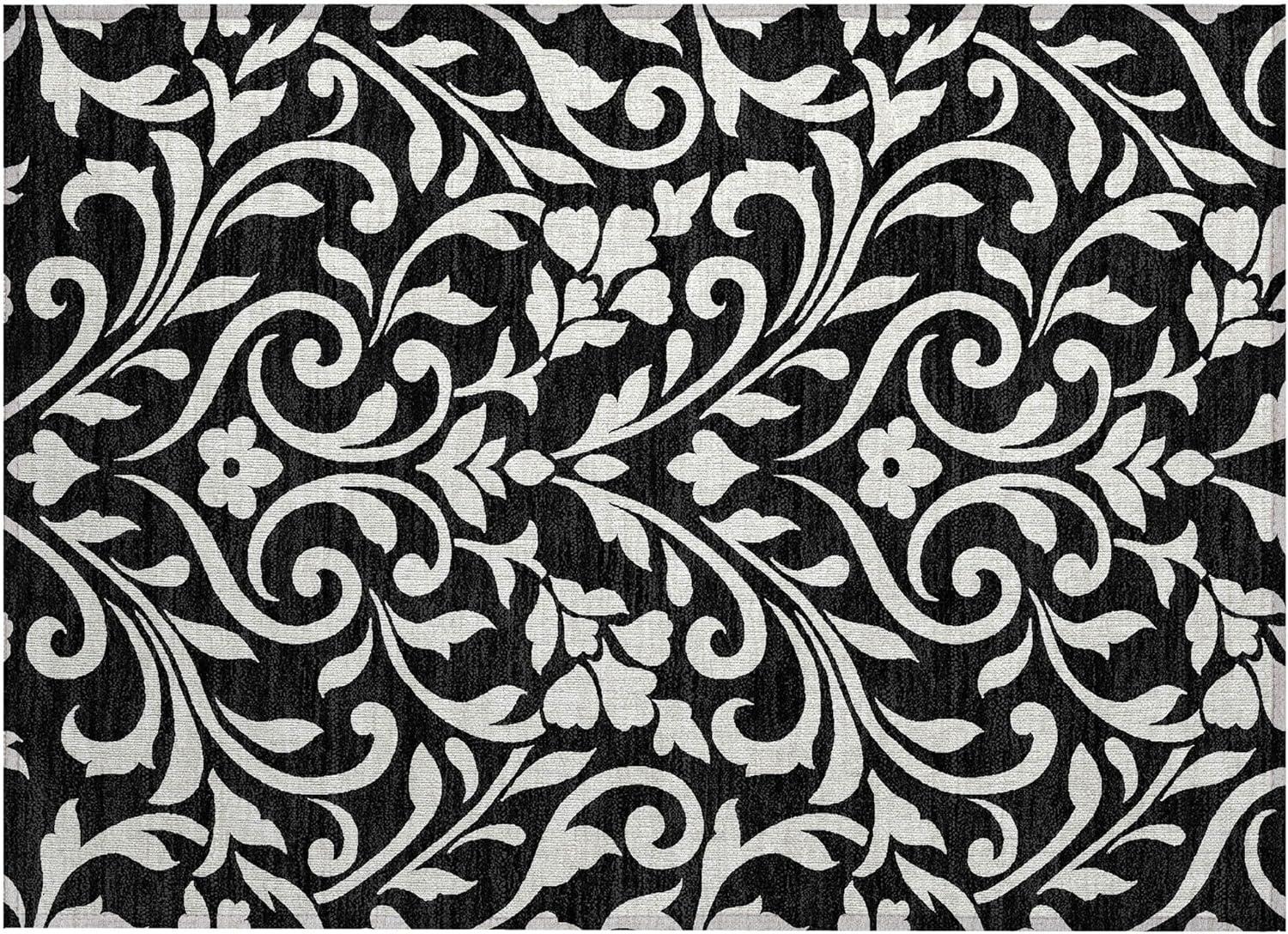 Black and White Floral Synthetic Washable Indoor/Outdoor Rug