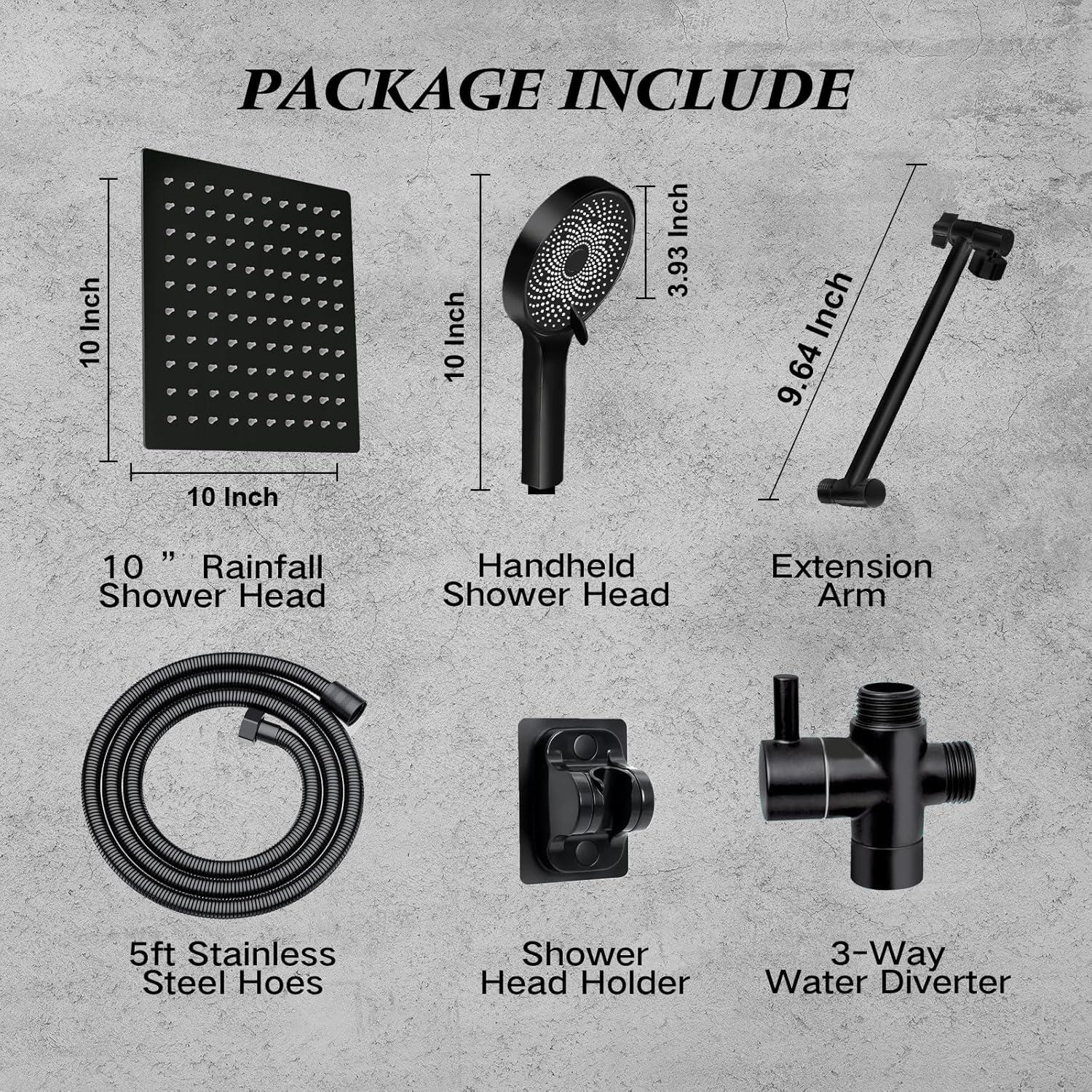 Shower Head,10”Rain Shower Head with Handheld Spray Combo with 11'' Angle Adjustable Extension Arm/Flow Regulator/Shower System,High Pressure Rainfall Shower Head Clean Bathroom,Matt Black