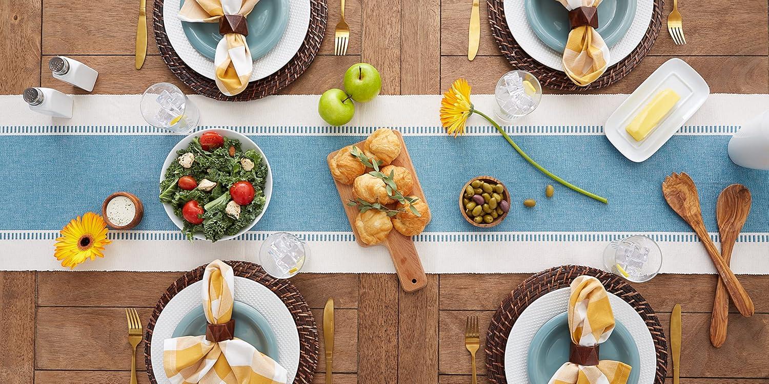 Storm Blue and White Cotton Table Runner with Fringe, 13x108