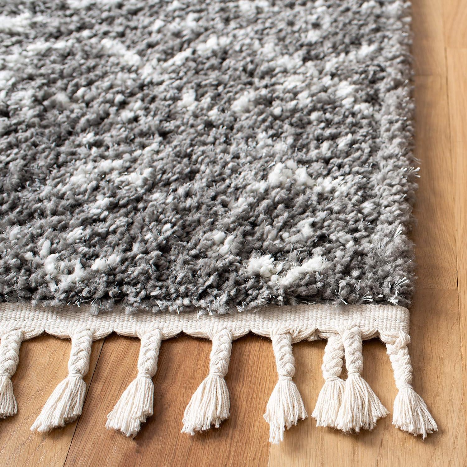 Gray Square Hand-Knotted Shag Area Rug with Fringe Detail