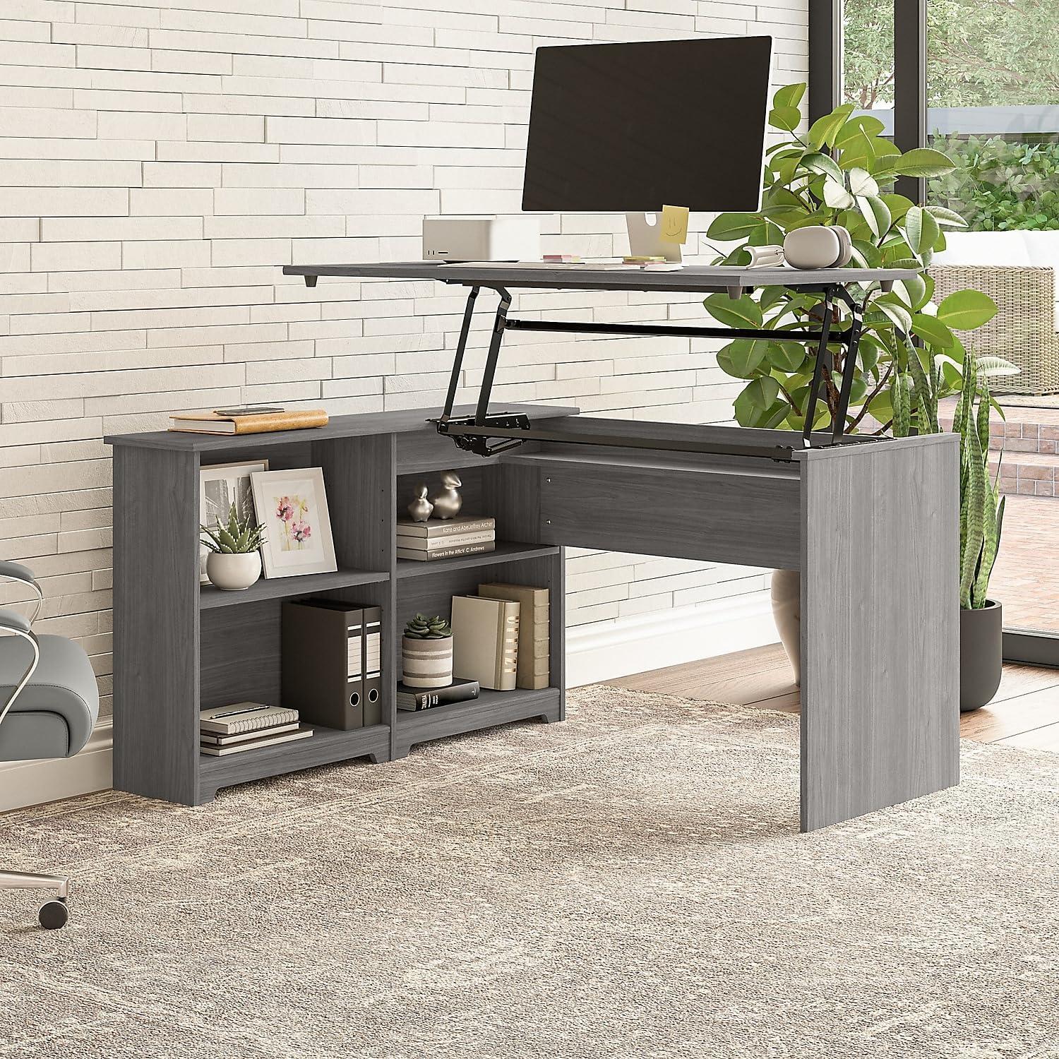 Bush Furniture Cabot 52W 3 Position Sit to Stand Corner Desk with Shelves, Modern Gray