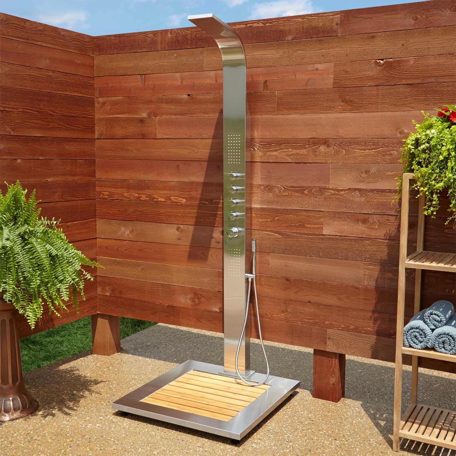 Alvin Stainless Steel Outdoor Shower Panel with Bamboo Tray