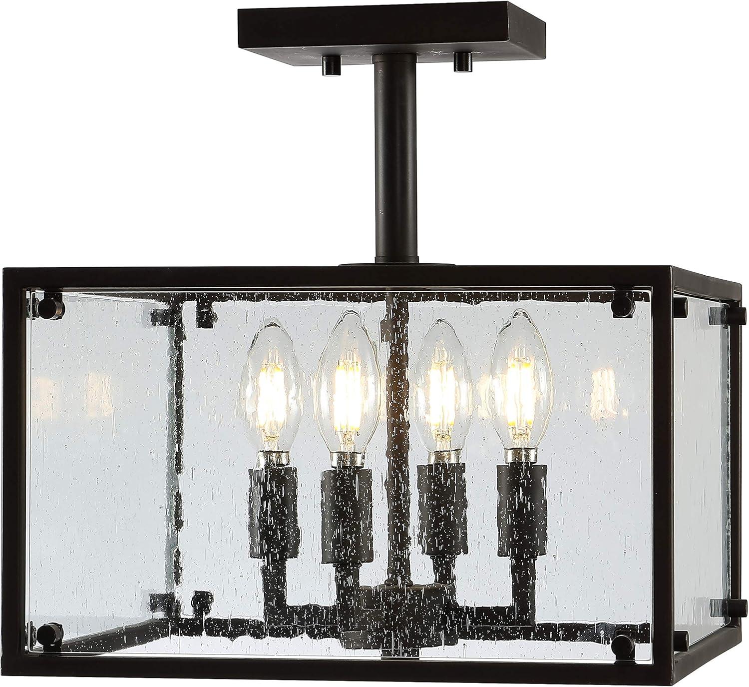 Paysan 13" 4-Light Iron/Seeded Glass Rustic Farmhouse LED Flush Mount, Oil Rubbed Bronze