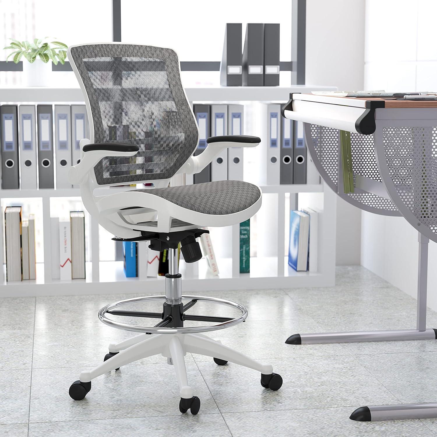 Emma and Oliver Gray Mid-Back Mesh Drafting Chair with White Frame and Flip-Up Arms