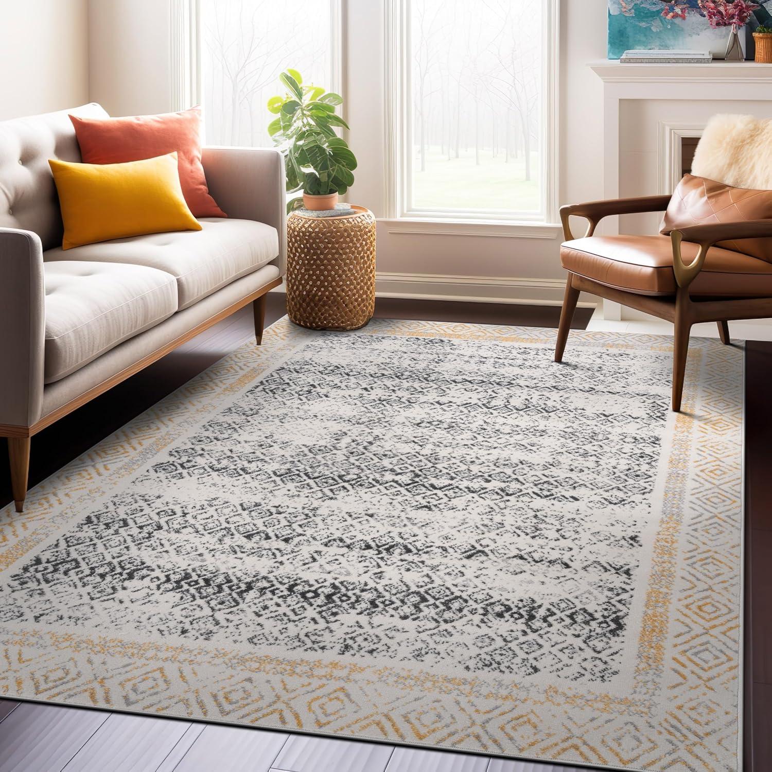 World Rug Gallery Distressed Bohemian Border Stain Resistant Soft Area Rug