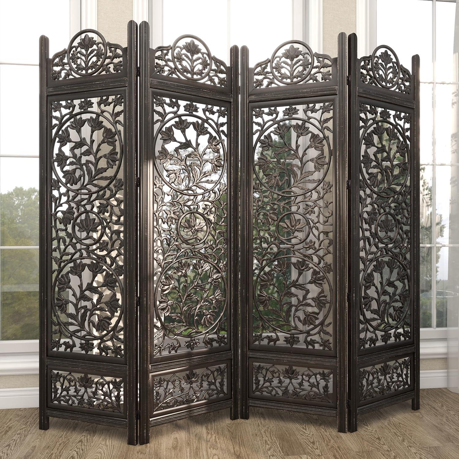 DecMode 80" x 72" Black Wood Floral Handmade Hinged Foldable Partition 4 Panel Room Divider Screen with Intricately Carved Designs, 1-Piece