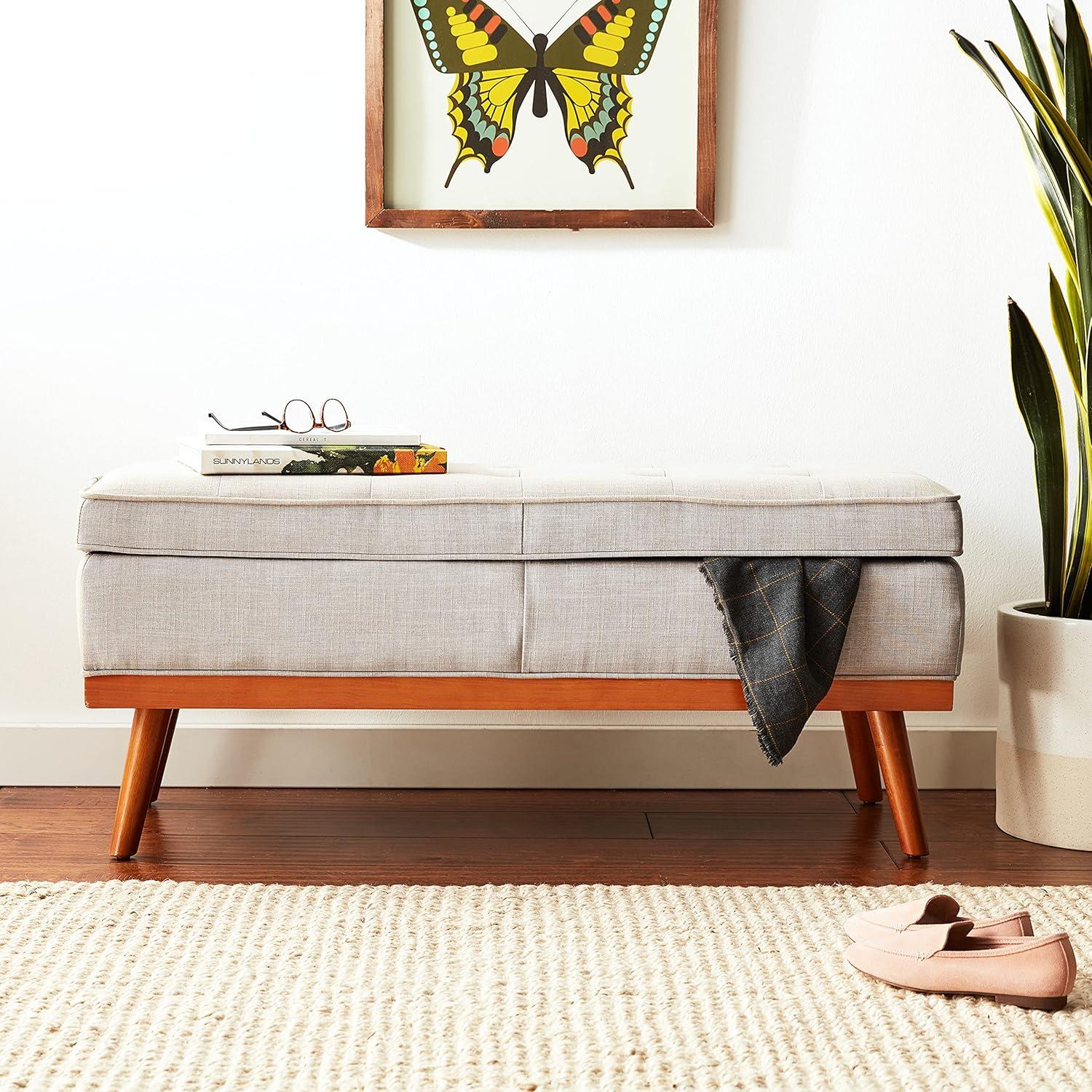 Katheryn Storage Bench Fog - OSP Home Furnishings: Upholstered Ottoman, Mid-Century Modern, Plywood Frame
