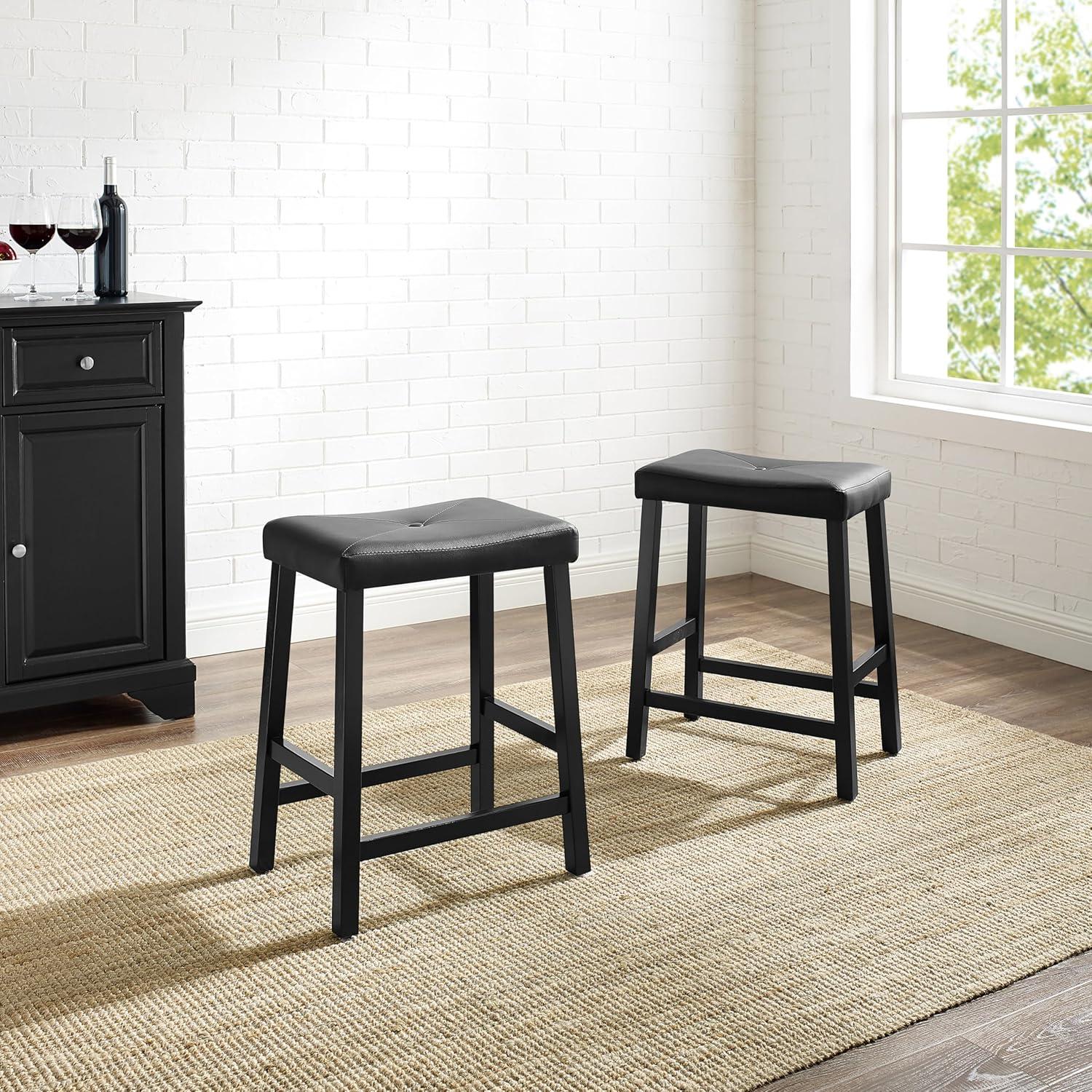 Crosley Set of 2 24" Upholstered Saddle Seat Counter Height Barstools Black: Faux Leather, Wood Frame, Foam Fill