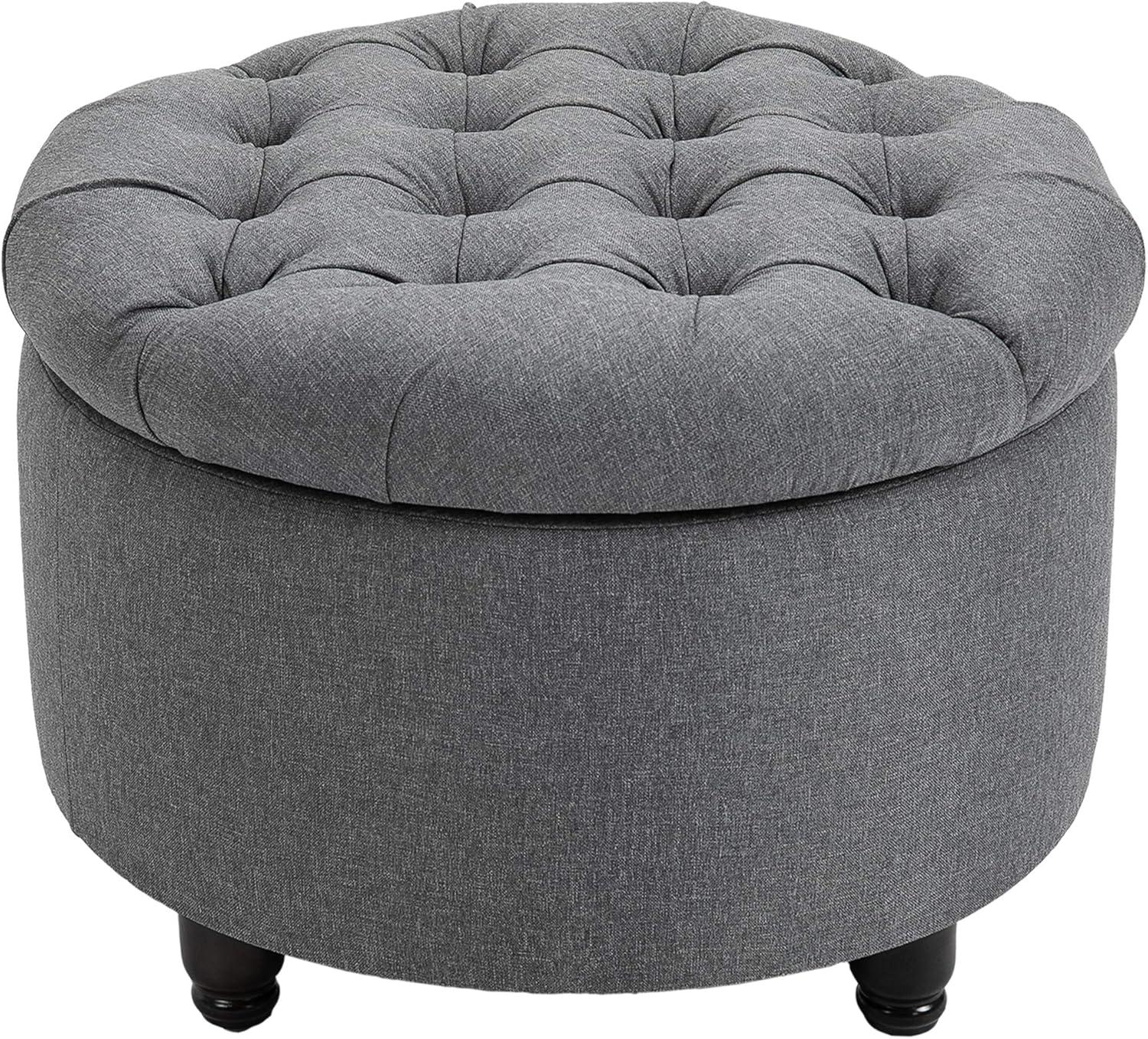 HOMCOM Round Linen-touch Fabric Storage Footstool Ottoman Button Tufted Footrest with Removable Lid, Grey