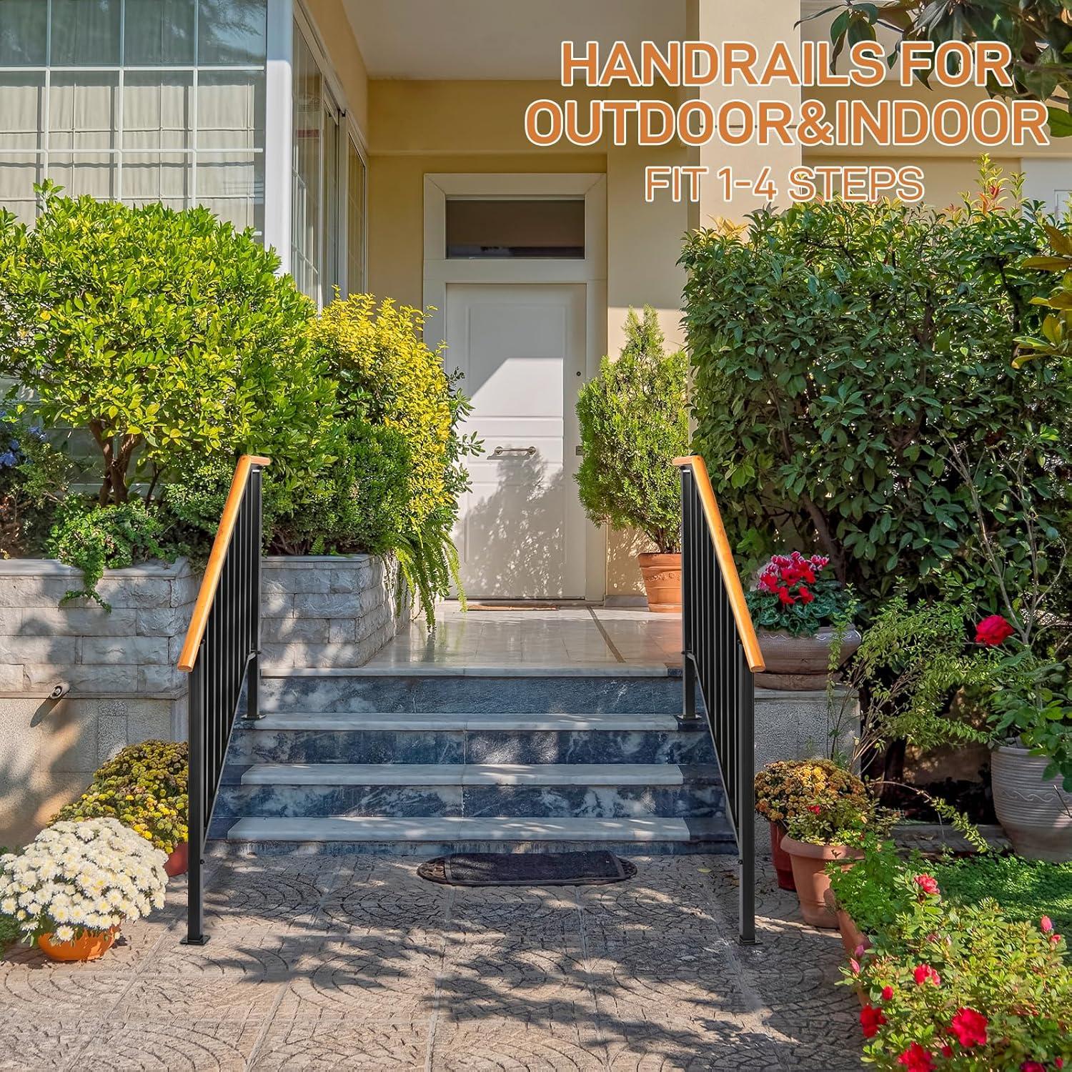 HLL Handrails for Outdoor Steps, Black Wrought Iron Handrail Fits 4 or 5 Steps, Transitional Handrail with Installation Kit, Stair Railing for Concrete Steps or Wooden Stairs