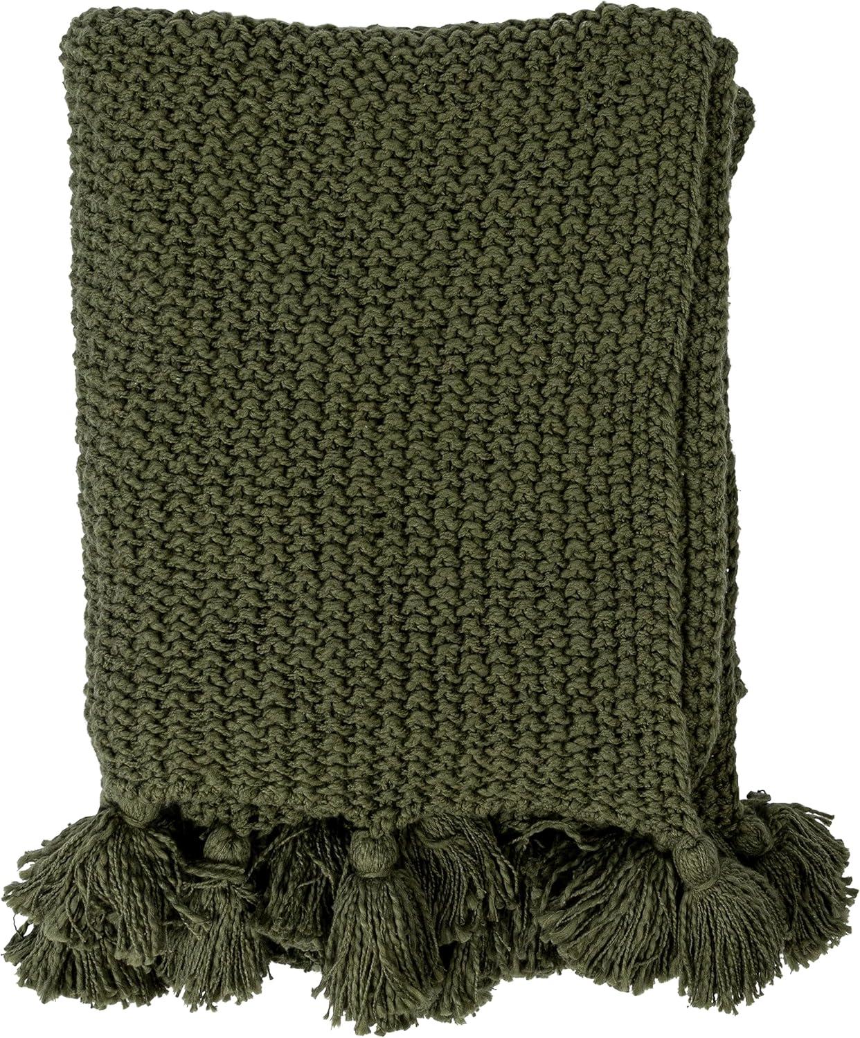 Olive Green Cotton Knit Throw Blanket with Tassels