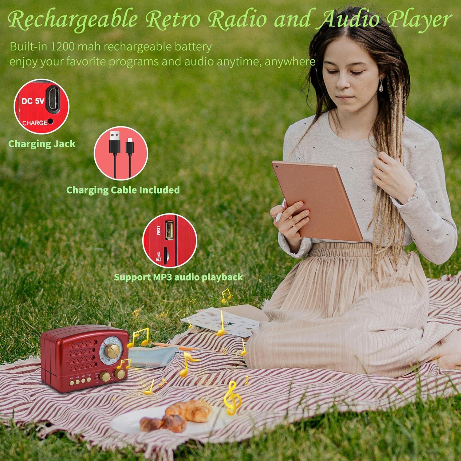 Retro Portable AM/FM Vintage Radio with Bluetooth, Transistor Radio Receiver, Rechargeable Battery, Support TF Card, AUX, USB, MP3 Player for Elder (Red)