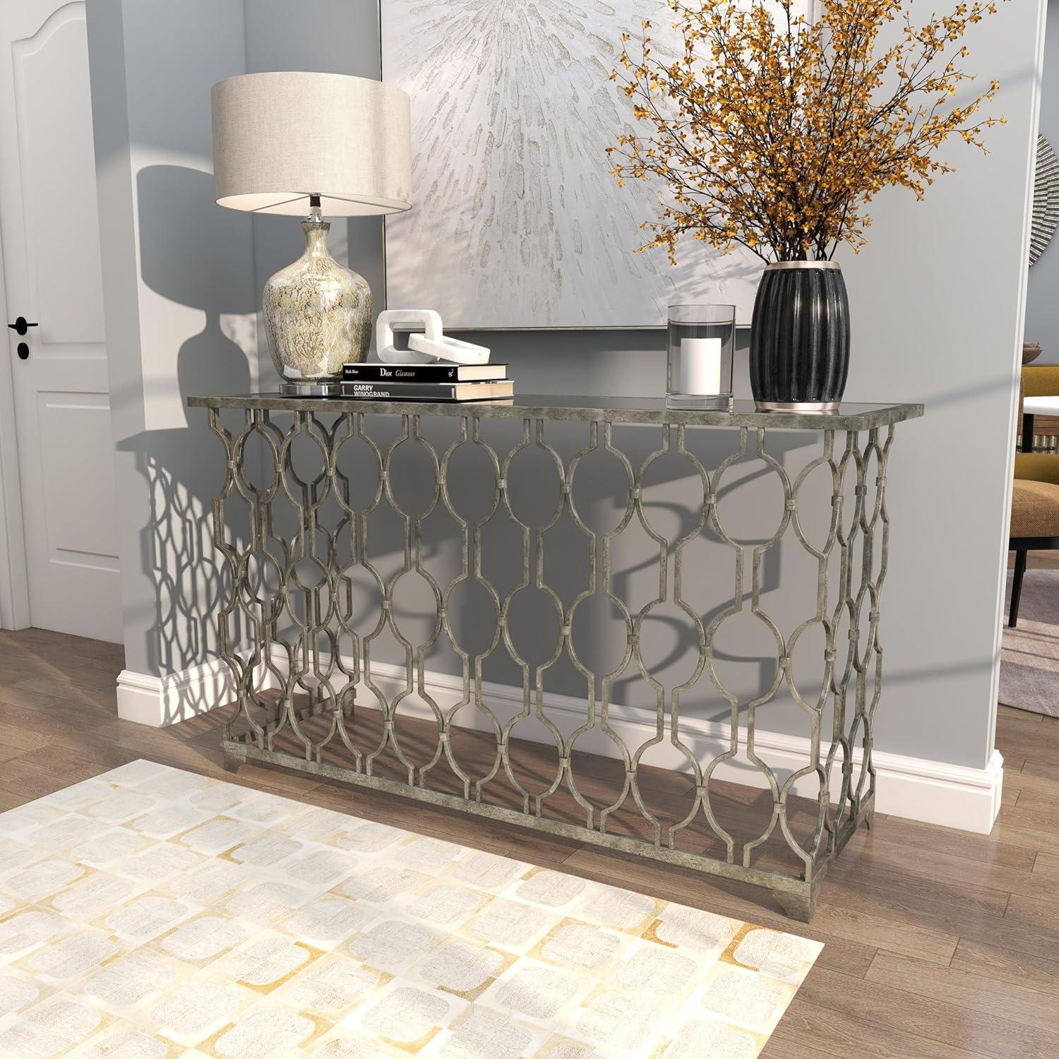 DecMode Contemporary Rectangular Metal with Mirror Top Console Table, 55"W x 32"H Features Silver Circular Trellis Pattern