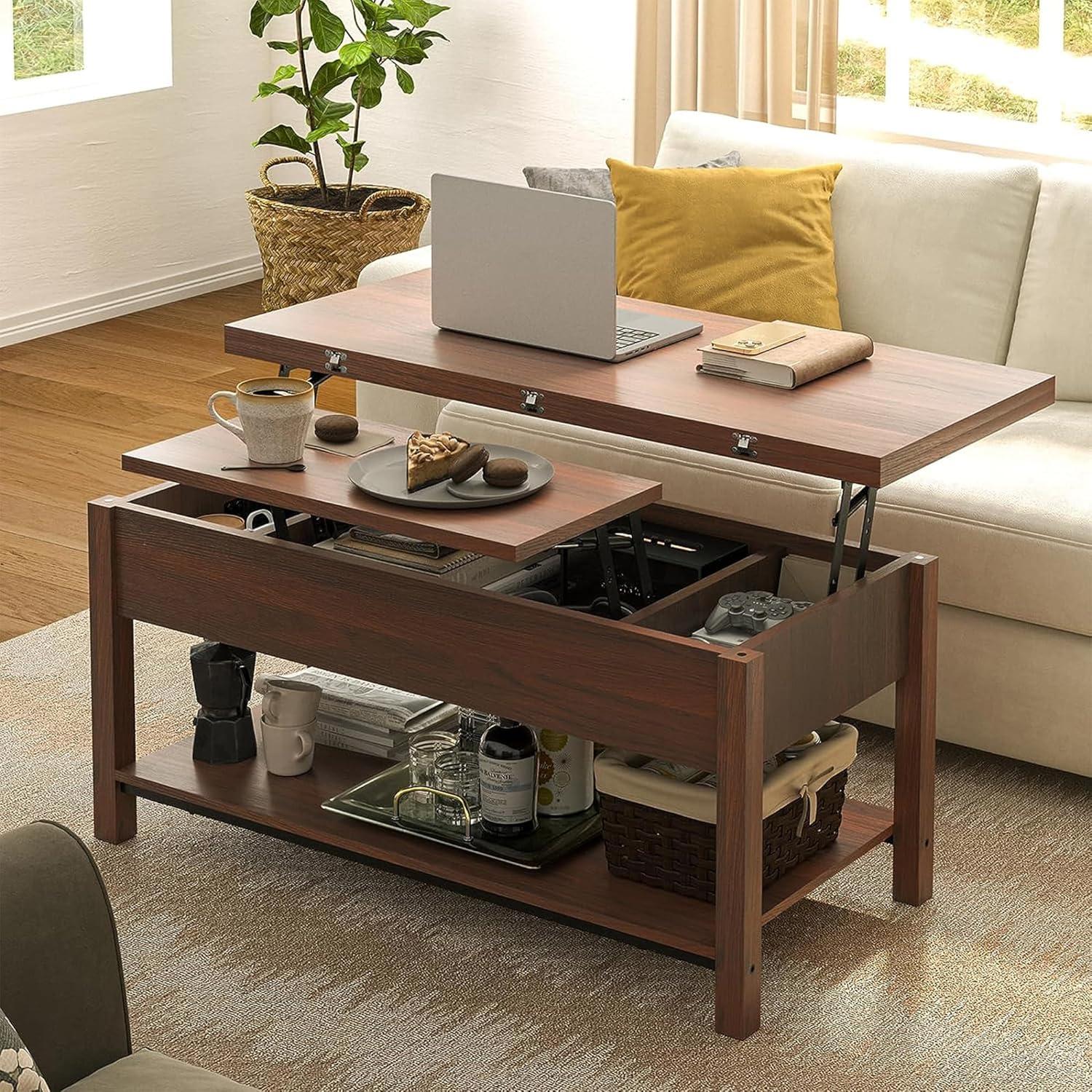 Espresso Wood and Metal Lift-Top Coffee Table with Storage