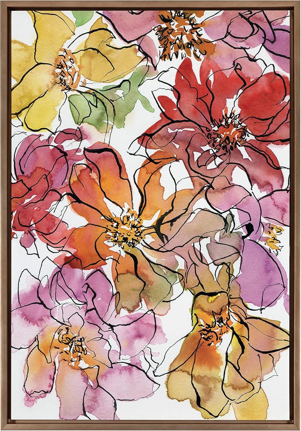 Colorful Floral Print on Canvas with Gold Frame, 23x33