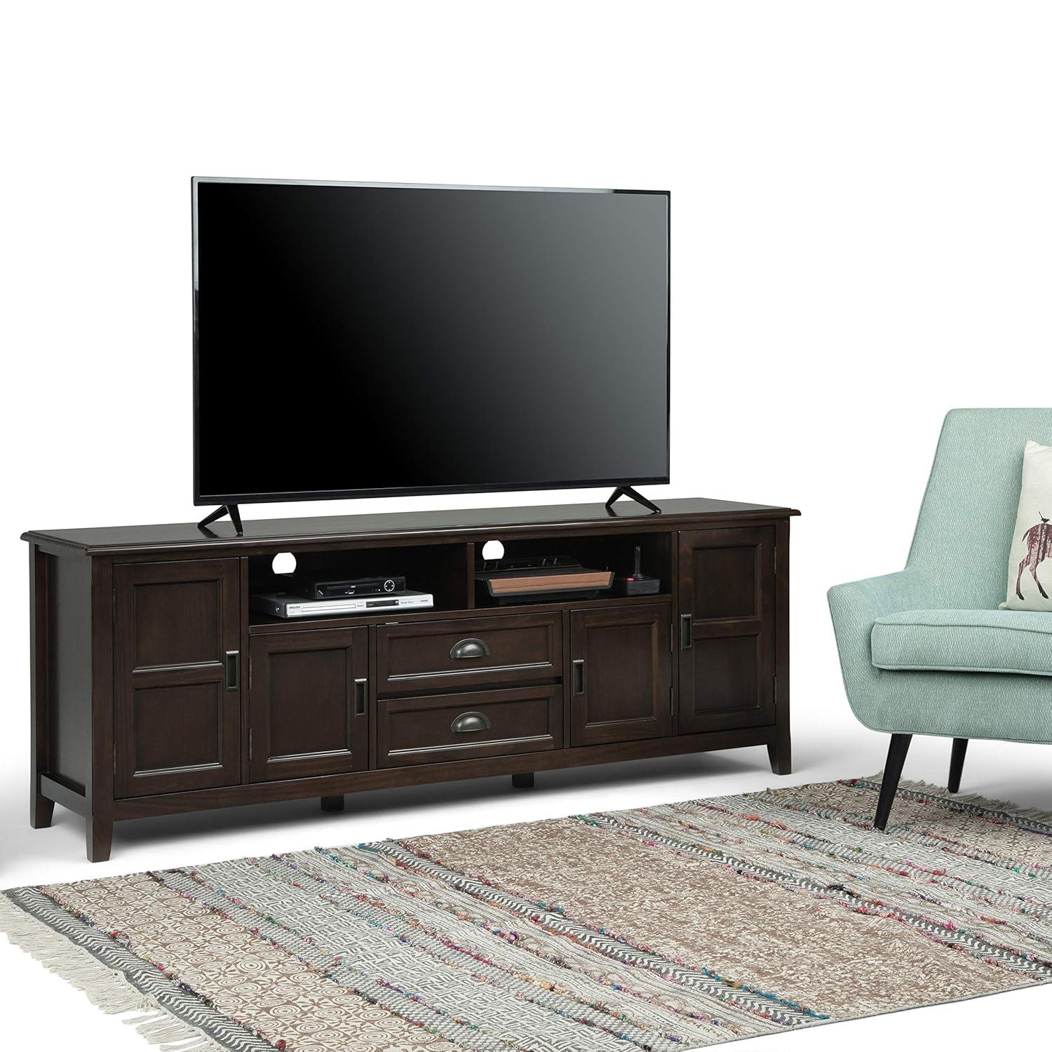 Simpli Home Burlington 72"W Solid Wood TV Stand for TVs up to 80" with 4 Cabinets