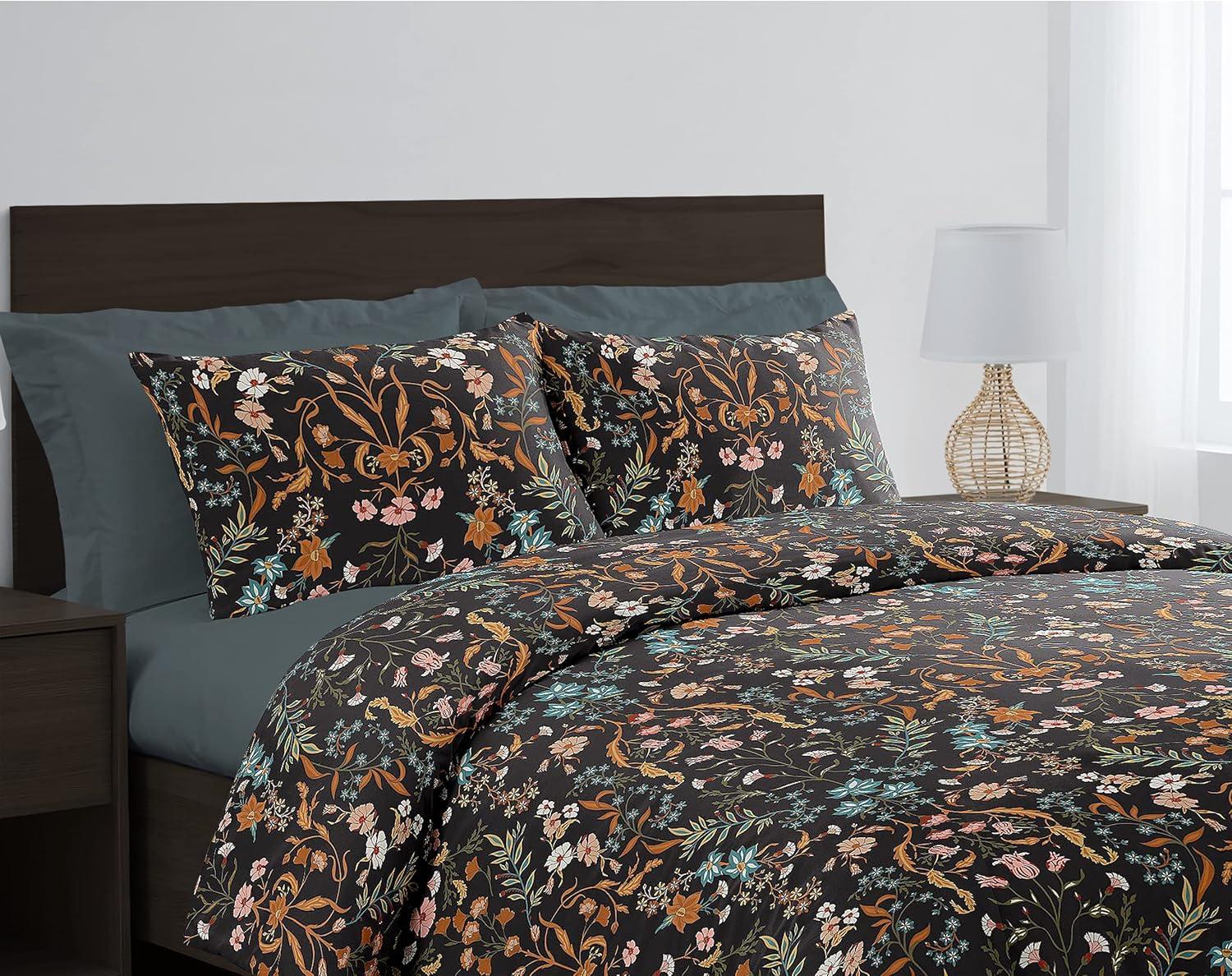 Boho Floral Wildflower Black And Orange Twill Floral Duvet Cover Set (Set of 3)