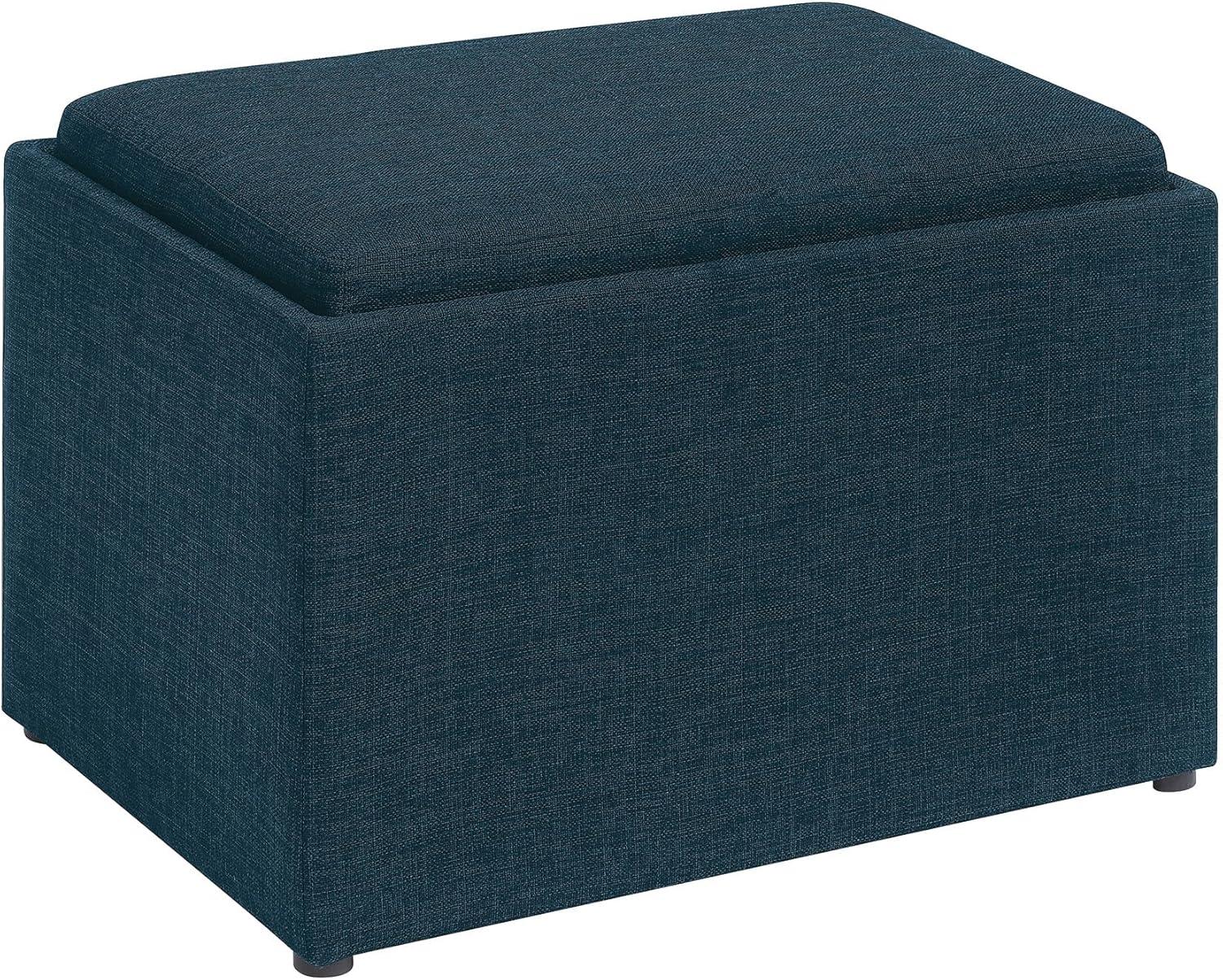 Dark Blue Fabric Storage Ottoman with Reversible Tray