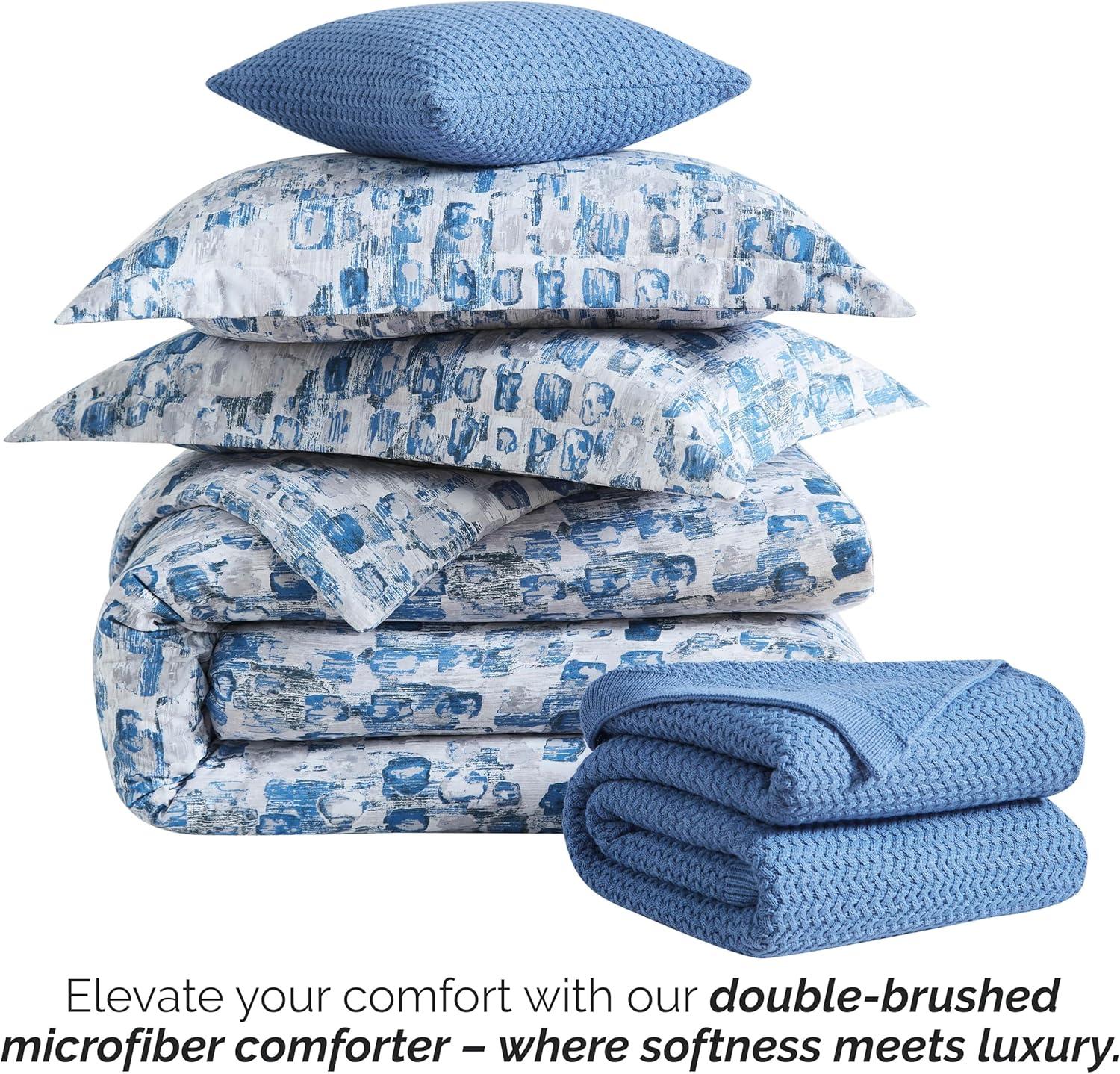 Twin XL Blue Abstract Microfiber Comforter Set with Acrylic Throw