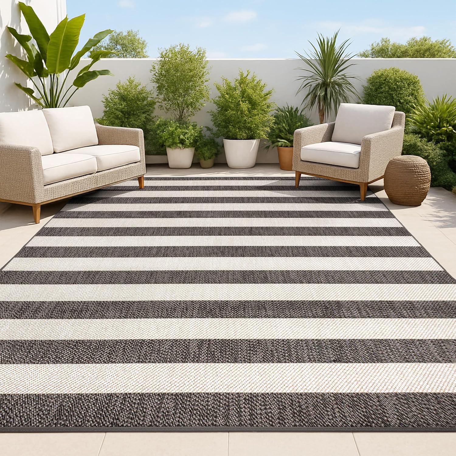 3' x 5' Negril Two-Tone Wide Stripe Indoor/Outdoor Area Rug, Black/Beige - JONATHAN Y