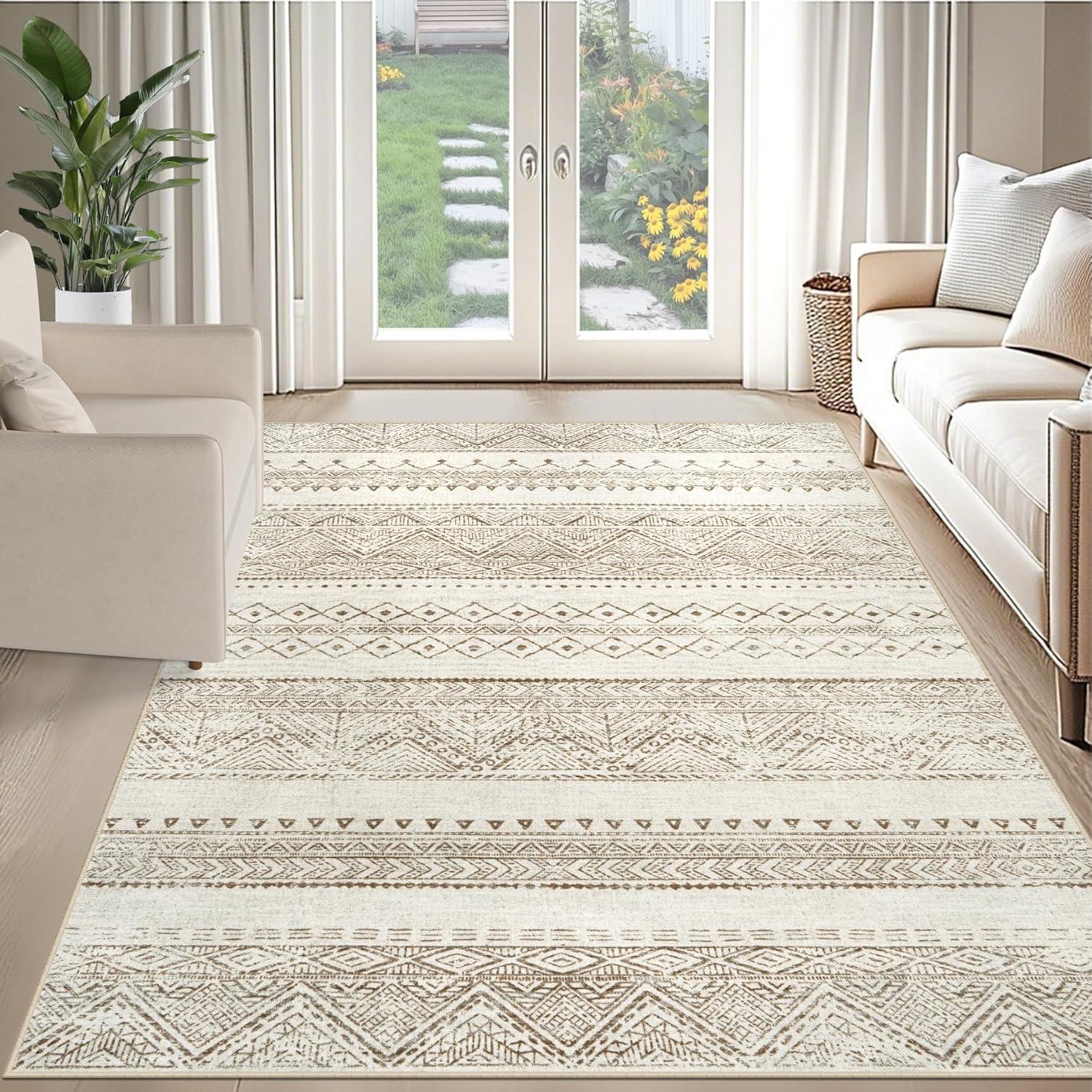 FairOnly 9'x12' Brown White Area Rugs Machine Washable Vintage Rugs for Bathroom Geometric Moroccan Ultra-Thin Area Rugs for Family Room Living Room Carpet