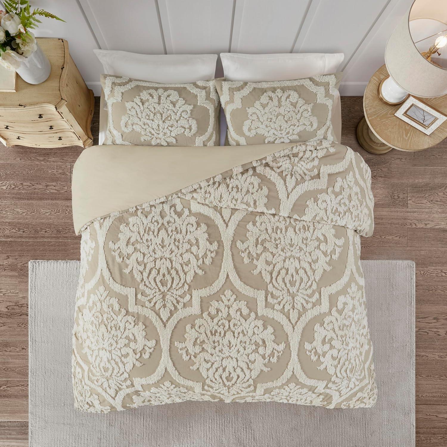 Viola Tufted Cotton Chenille Damask 3 Piece Comforter Set