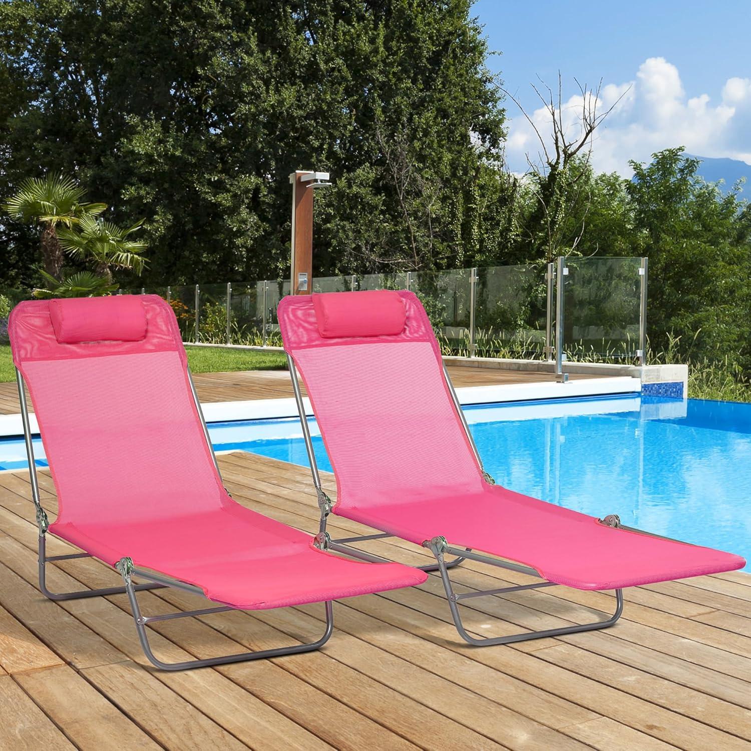 Outsunny Foldable Outdoor Chaise Lounge Chair, 5-Level Reclining Camping Tanning Chair with Breathable Mesh Fabric and Headrest, Pink