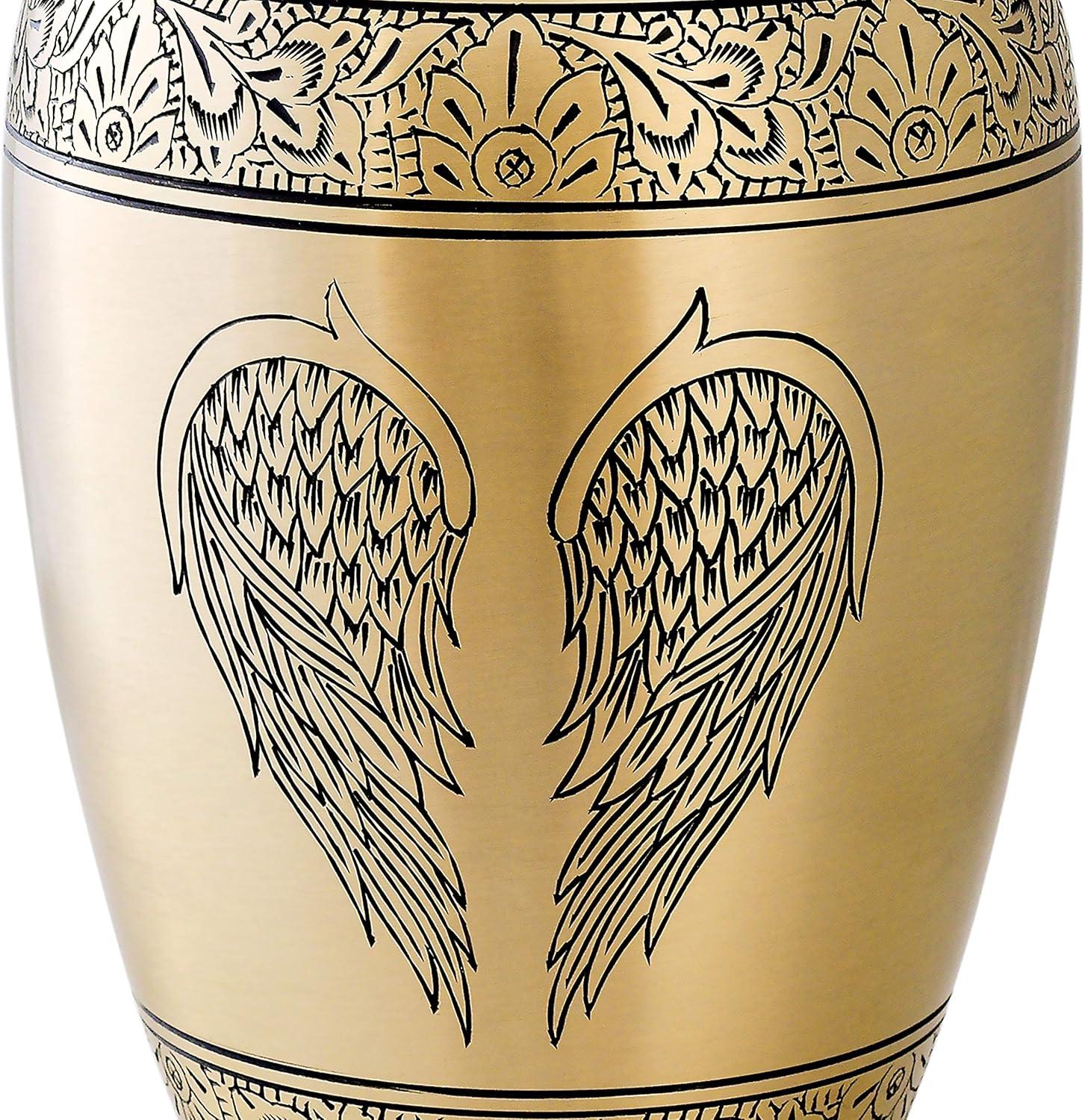 Cremation Urn for Human Ashes with Satin Bag, for Adults up to 200 lbs | Large Handcrafted Funeral Urns by Divit Shilp (Golden Angel Wings, Adult)