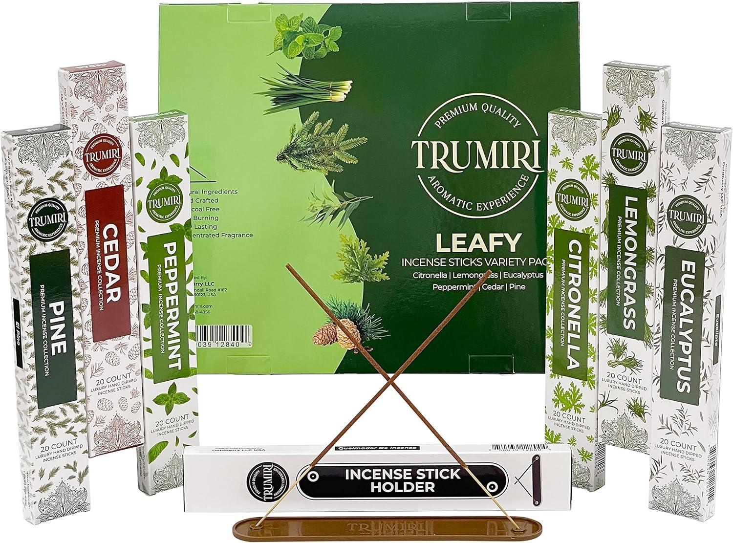 Trumiri Leafy Incense Sticks Variety Pack & Incense Burner - Gift Set - 120 Incents (6 fragrances x 20 pieces each) - Citronella, Lemongrass, Eucalyptus, Peppermint, Pine, Cedar