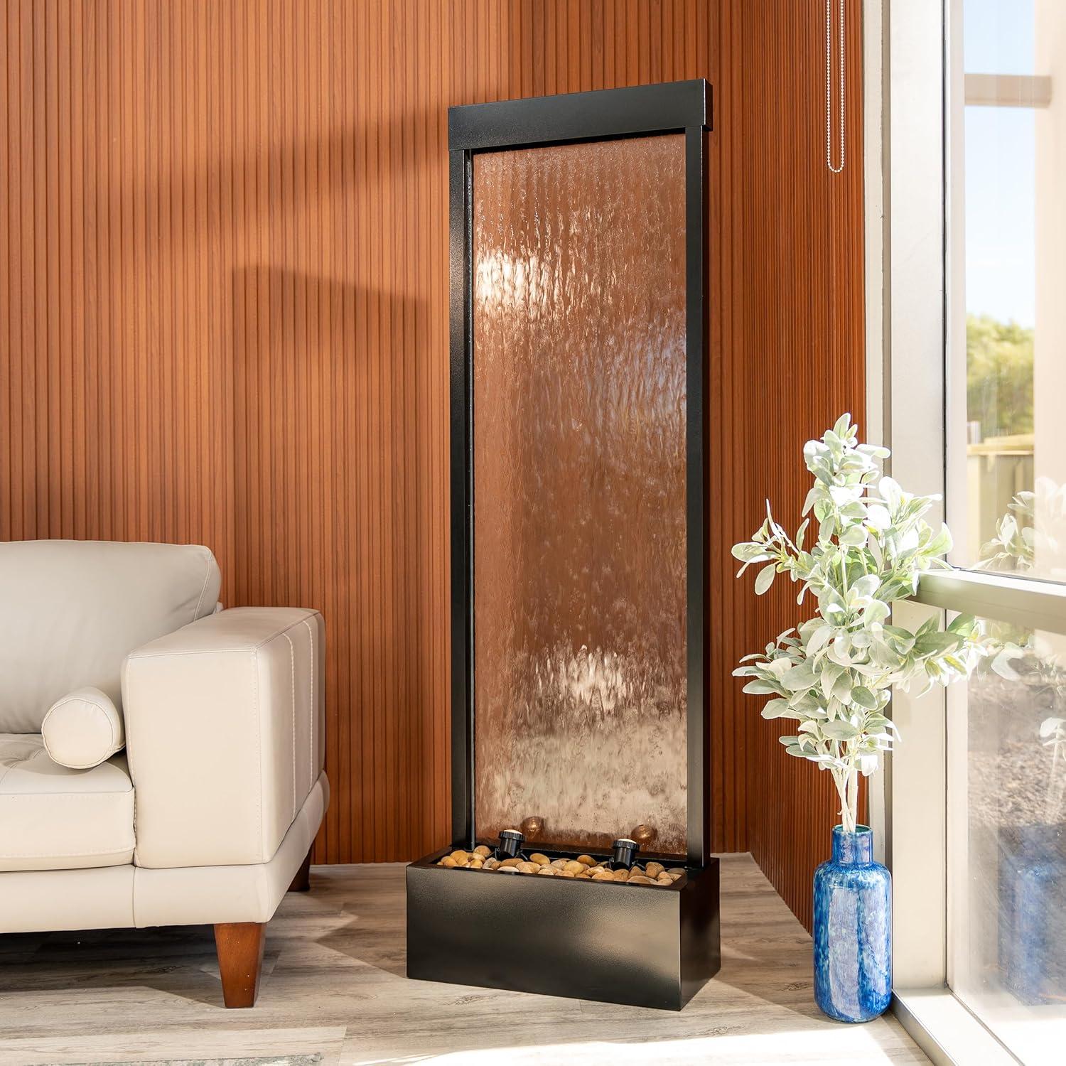 XBrand 68" H Freestanding Modern Indoor/Outdoor Waterfall Fountain w/ Decorative Rocks, LED Lights & Auto-Shut Off Pump, Aluminum/Clear Glass, Black