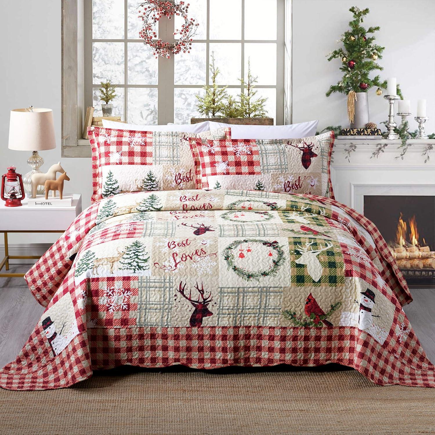 Christmas Quilt Set, Reversible Bedspread Coverlet, Lightweight Bed Cover, 1 Quilt 2 Pillow Shams