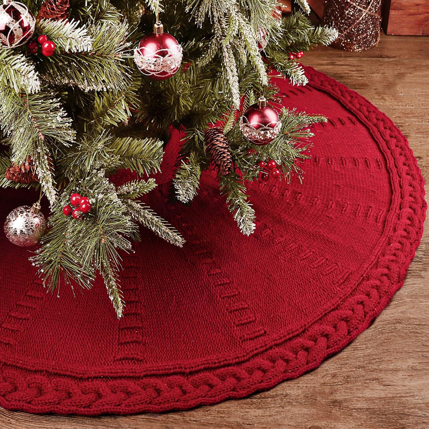 TETOU 48In Knitted Christmas Tree Skirt, Wine Red Tree Skirt, Braided Cable Knit Thick Rustic Christmas Tree Decorations, Farmhouse Christmas Decor Xmas Holiday Home Party Decorations