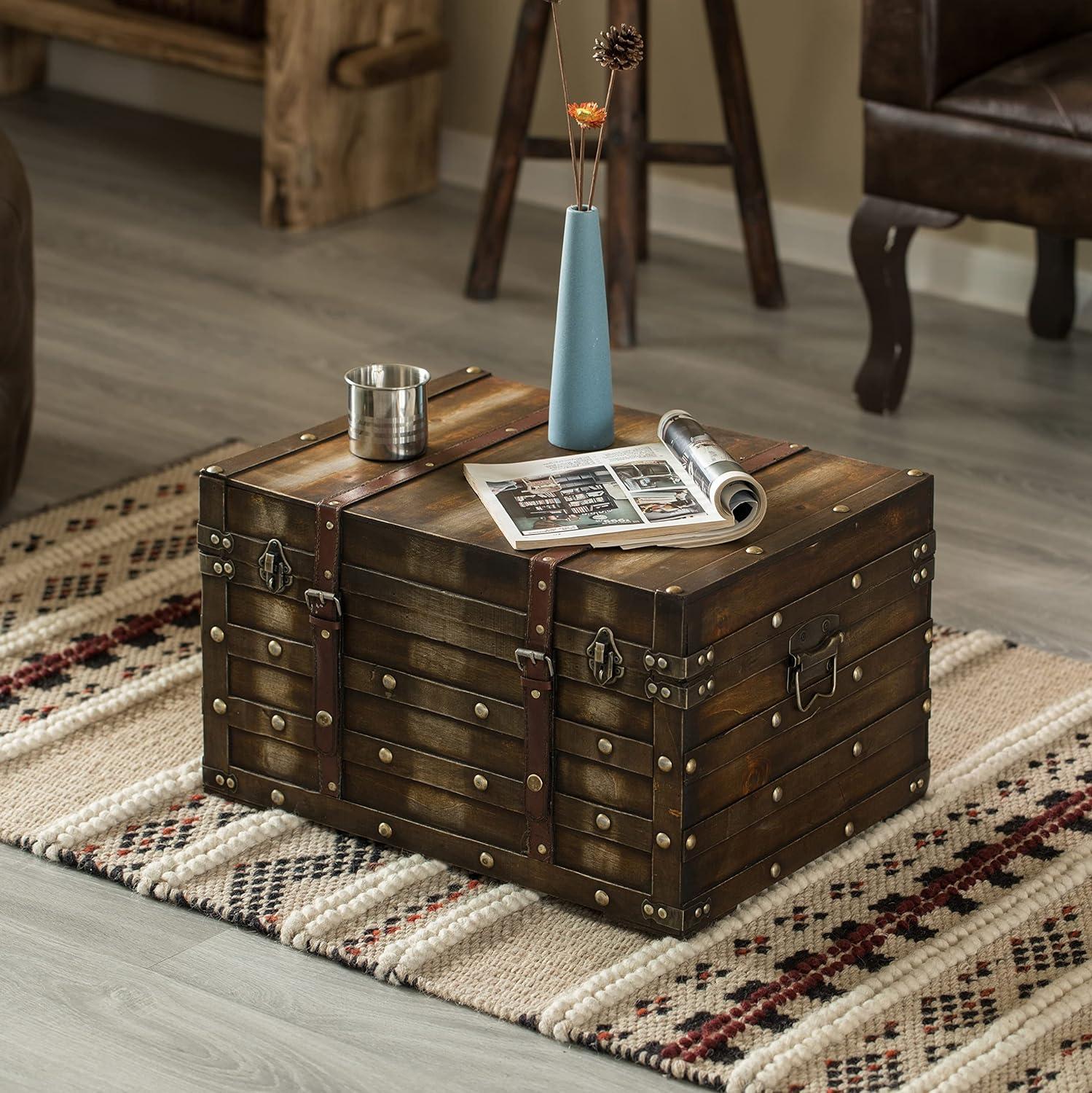 Large Distressed Brown Wooden Storage Trunk with Faux Leather Straps