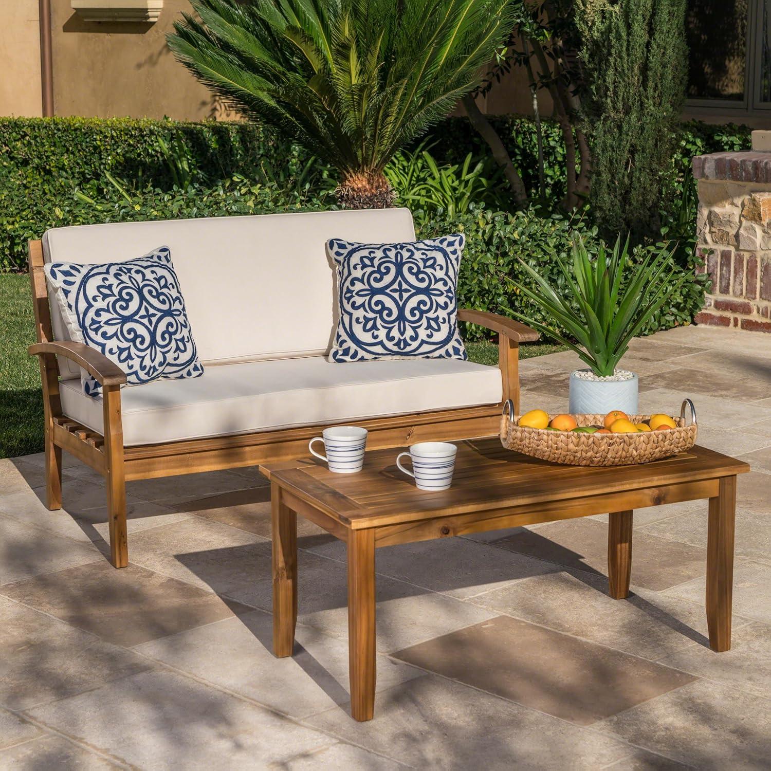 Teak Finish Acacia Wood Outdoor Loveseat and Coffee Table Set with Beige Cushions