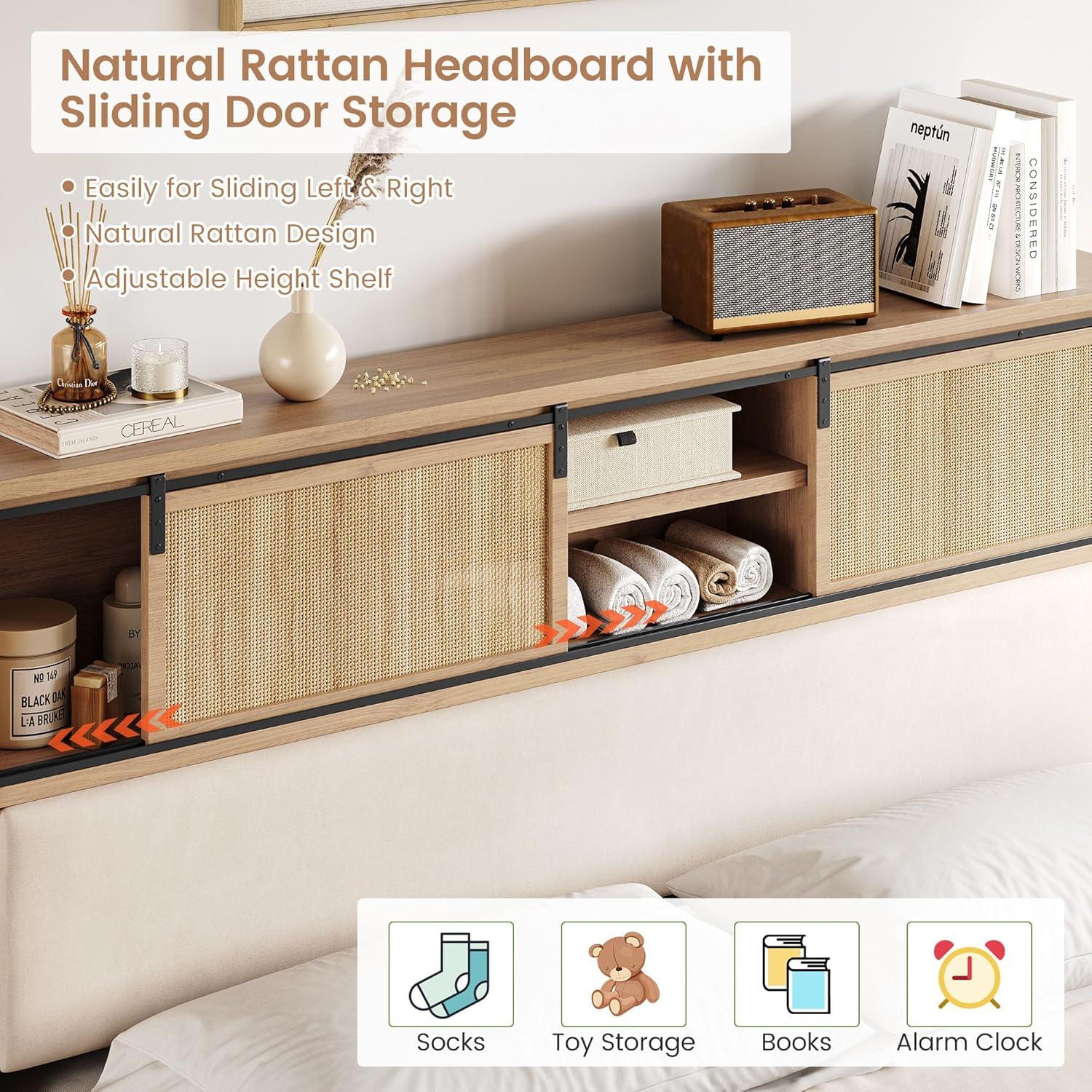 Garvee Rattan Full Size Bed Frame with Sliding Door Shelf Headboard, Bohemian Rattan Bed Frame with Shelves, Wood Foundation, No Box Spring Needed