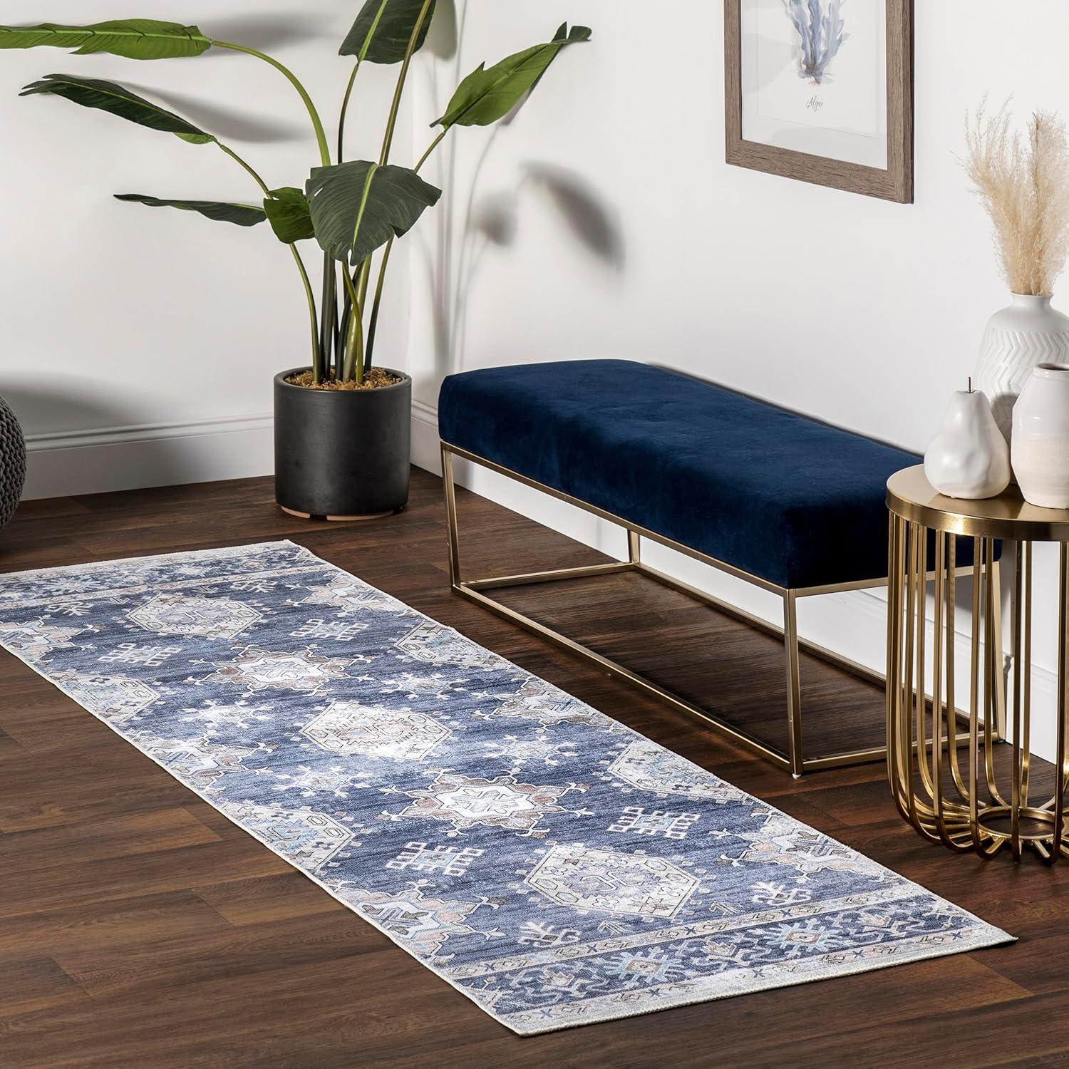 Nuloom Finley Medallion 2x8 Machine Washable Runner Indoor Area Rug for Living Room Bedroom Dining Room Entryway Hallway Kitchen, Blue/Grey