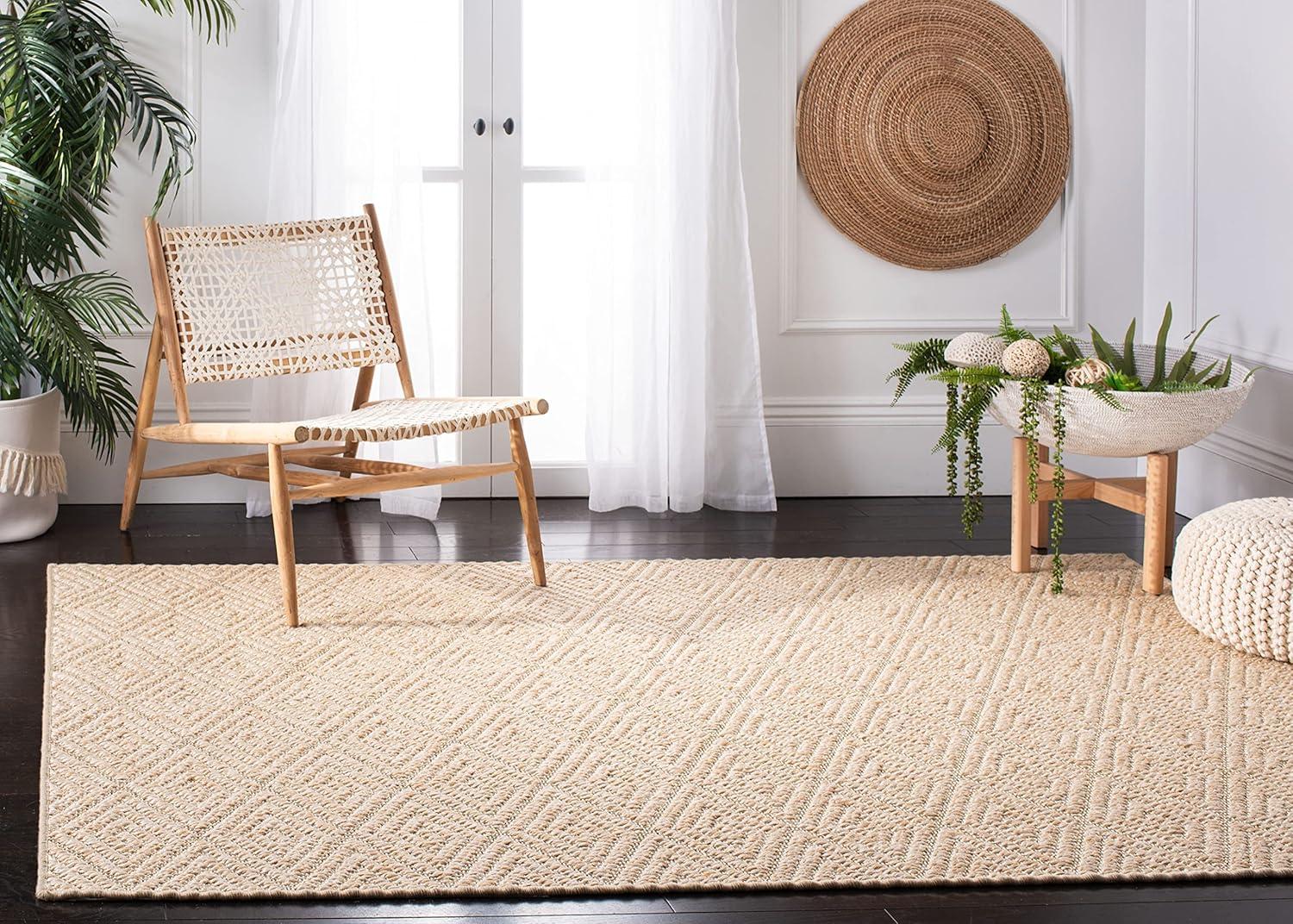 Beige Geometric Flat Woven Synthetic Area Rug 5' x 8'