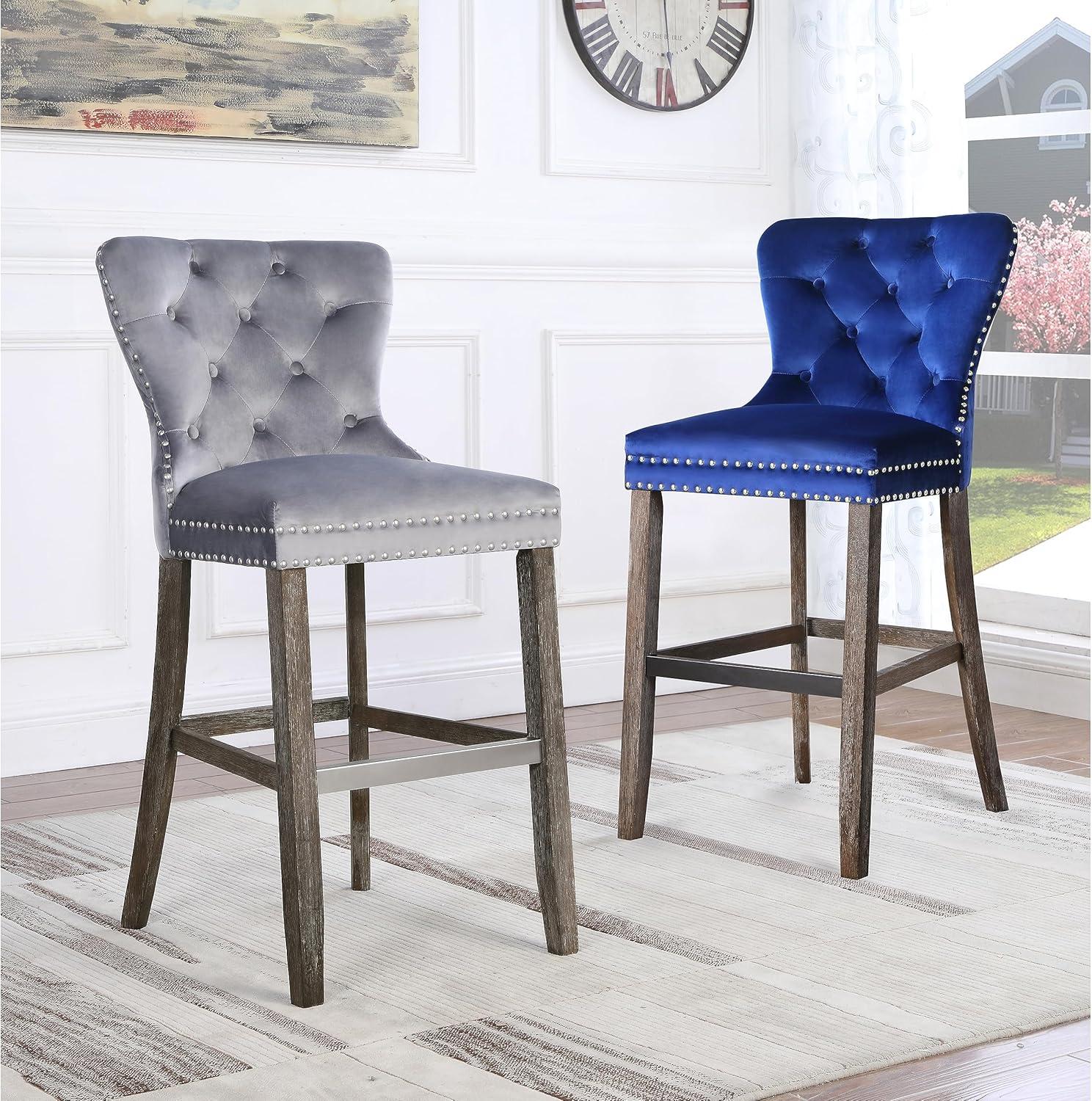 Rustic Gray Velvet 24" Bar Stools with Chrome Details (Set of 2)